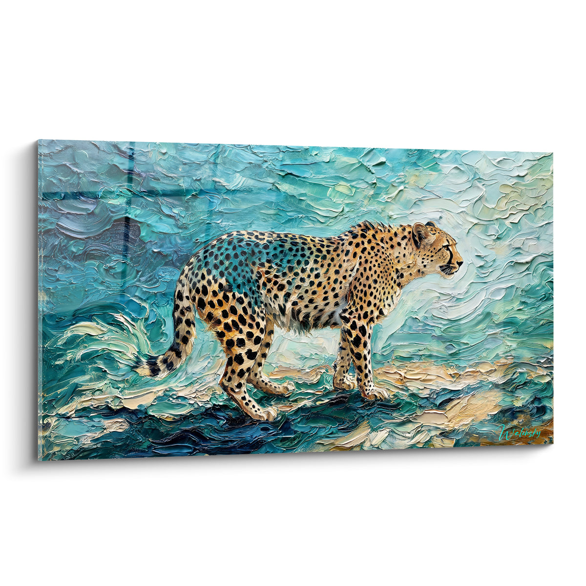 Guépard fauve moucheté en marche sur fond turquoise texturé aux empâtements épais et reliefs marqués