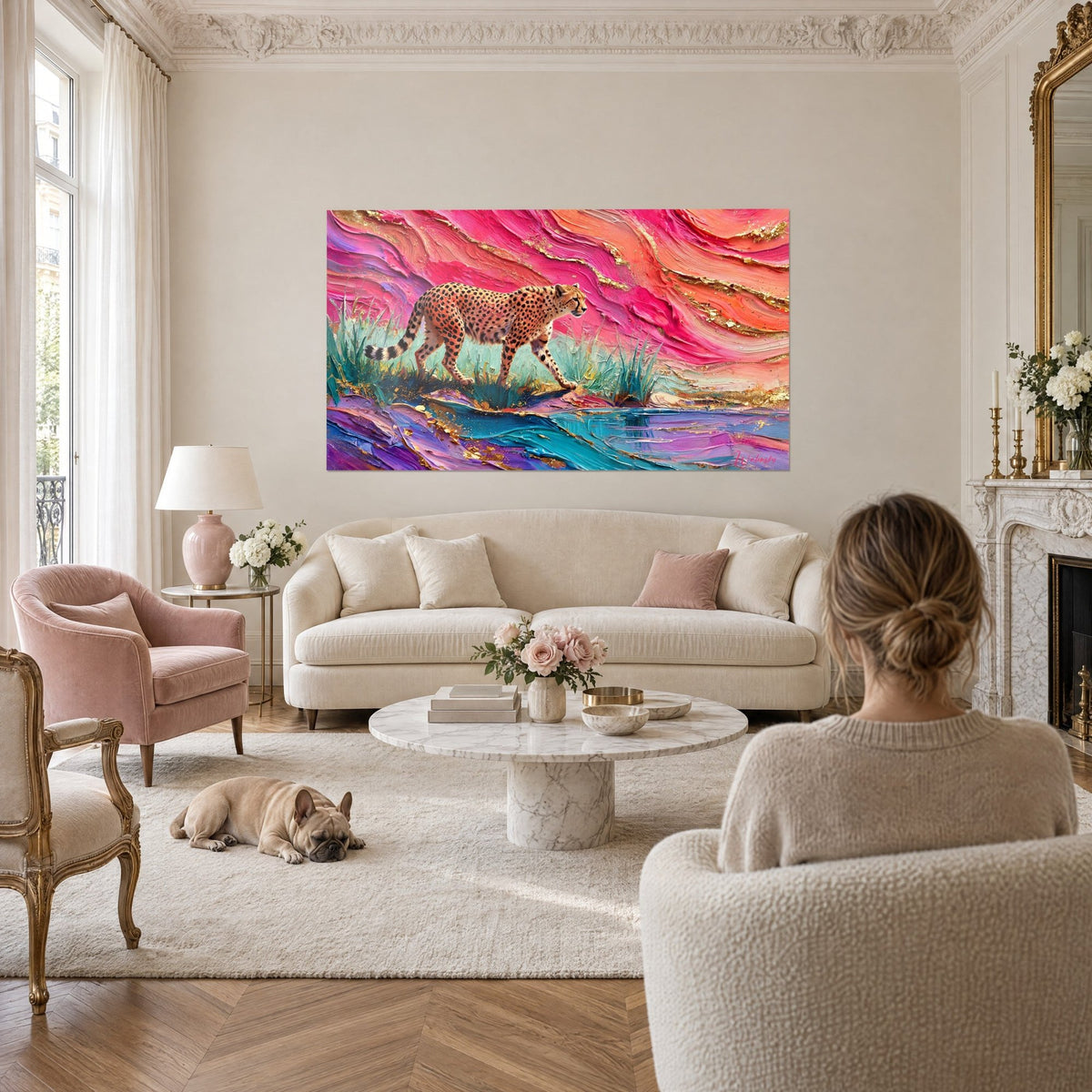 Gemälde eines gefleckten Raubkatzen-Motivs beim Gang durch türkisfarbenes Gras, rosa und korallenfarbener Himmel, Paar und Bulldogge, über einem Sofa in einem hellen Wohnzimmer