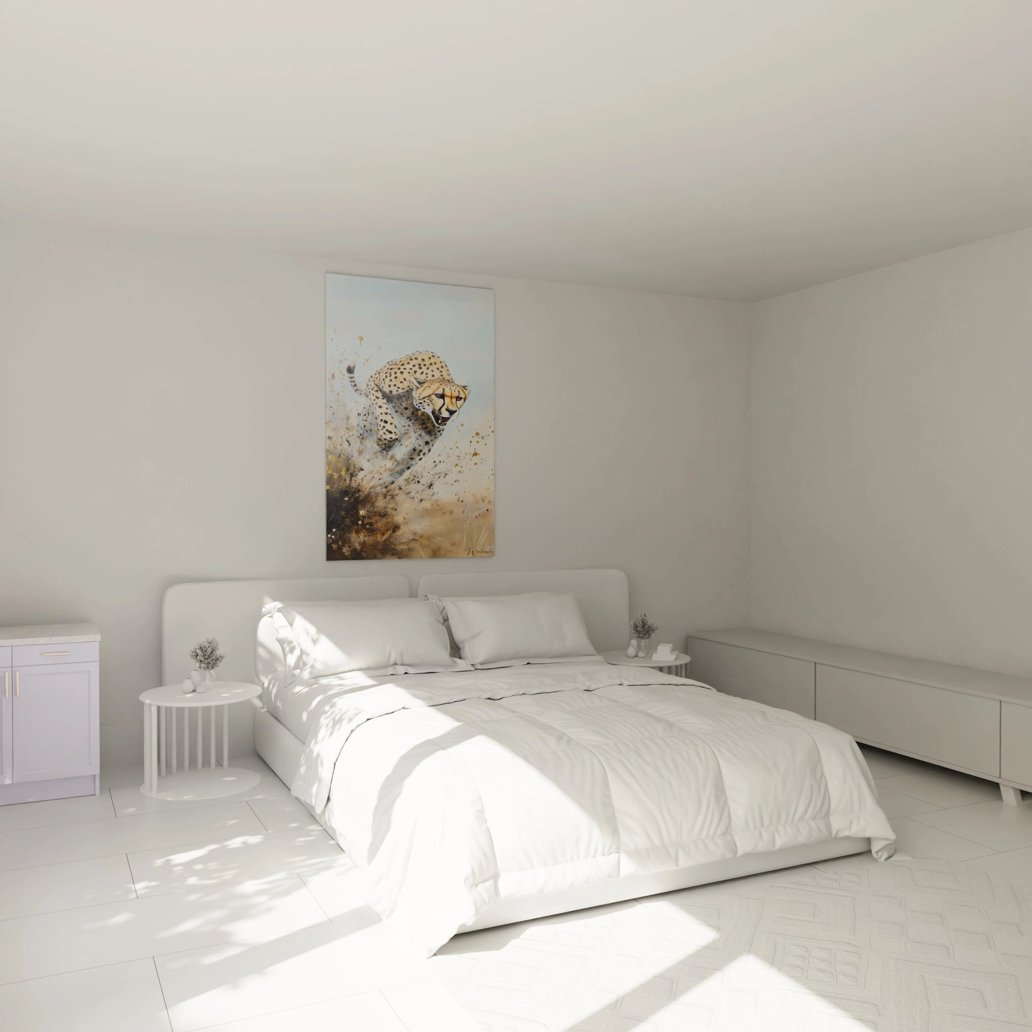 Tableau guépard Walensky sur un mur de chambre lumineuse avec un lit moderne