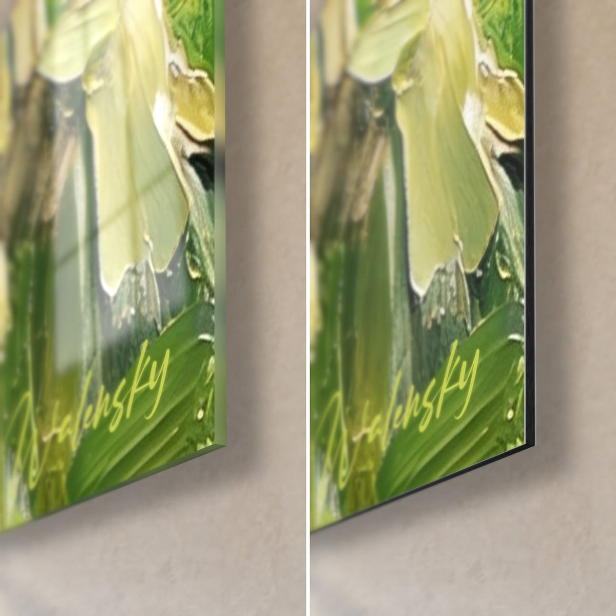 Cuadro gran felino sobre roca verde, esquina inferior derecha: cristal brillante con reflejos, aluminio Dibond mate, canto de 3 mm