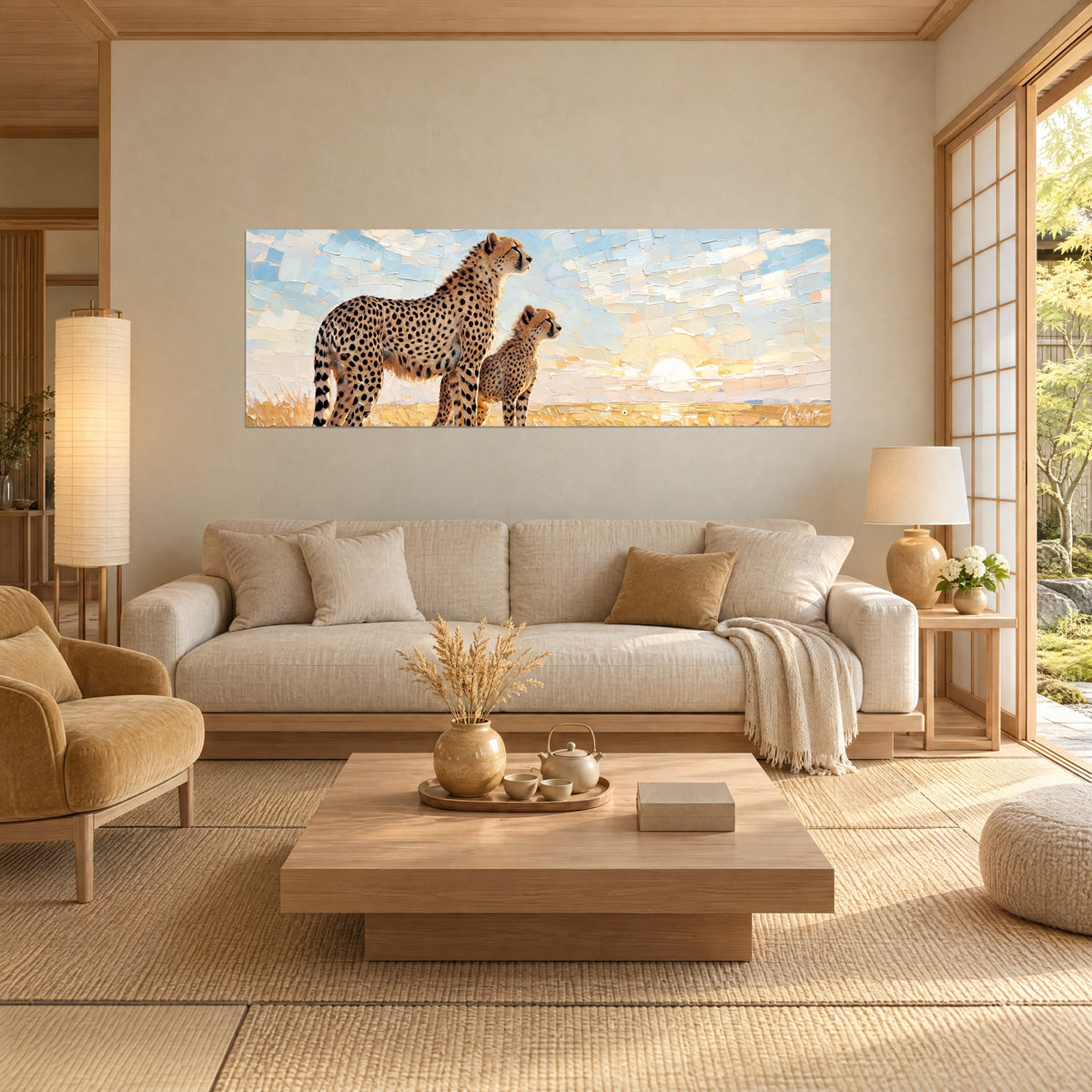 Wall art cheetah and her cub gazing at the horizon, ochre spotted coat, pale blue sky in palette-knife strokes, above a sofa in a bright living room