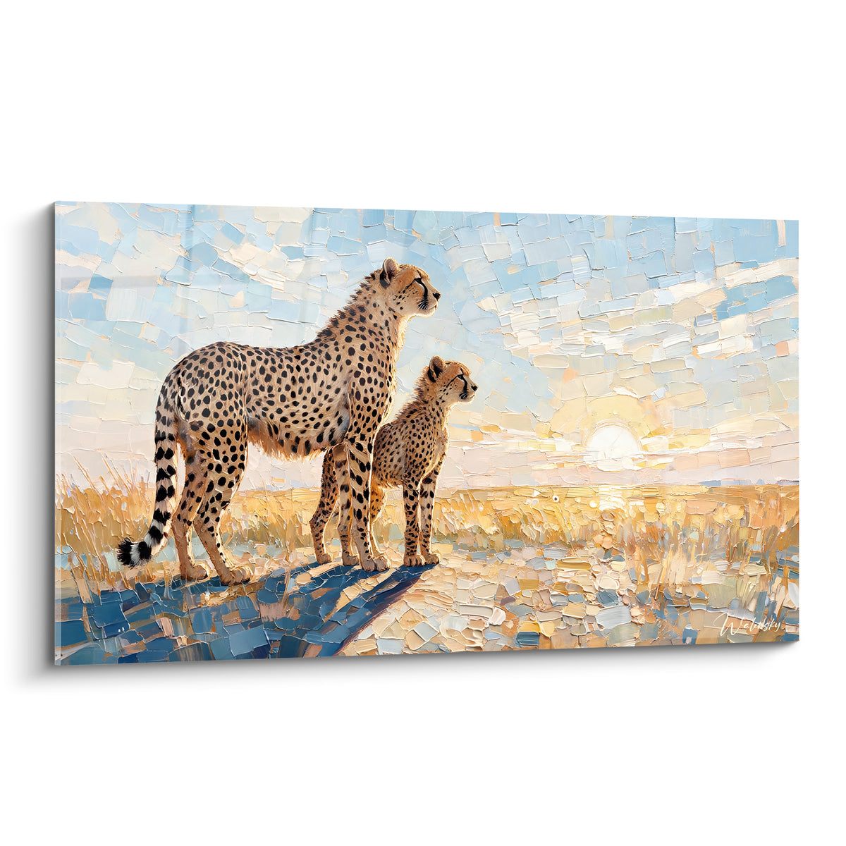 Guépards doré et fauve dressés sur un rocher, ciel bleu pastel en touches empâtées au coucher du soleil
