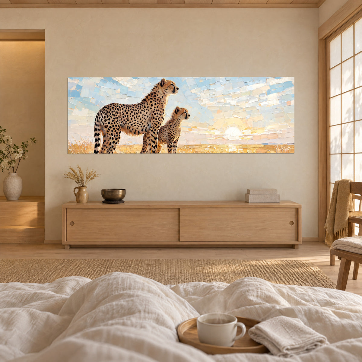 Wall art mother cheetah and her cub facing the rising sun, ochre and light blue, couple seen from behind, above a bed in a bright bedroom