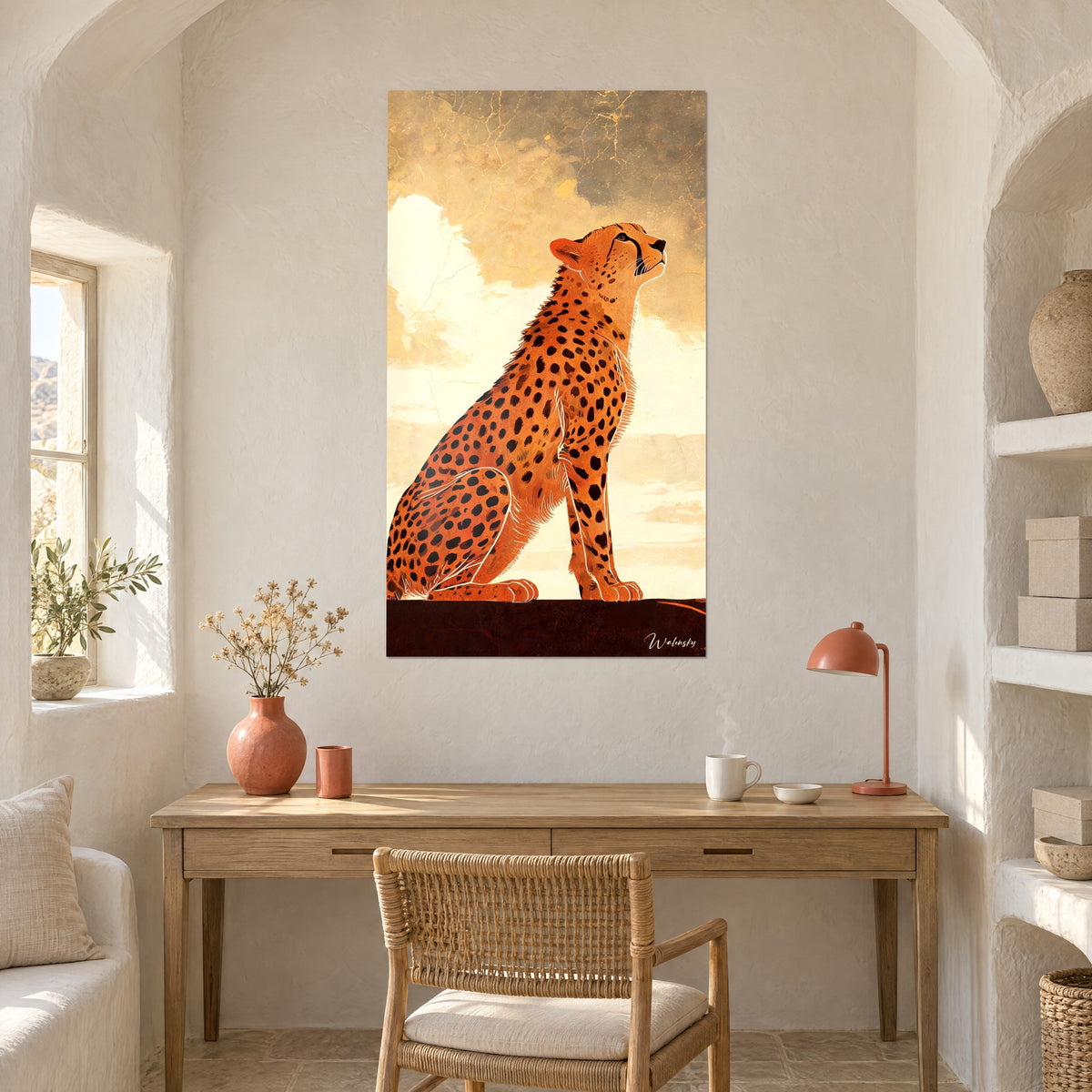 Wall art of a slender orange and black big cat seated on a dark rock, cream sky, above a light wood desk
