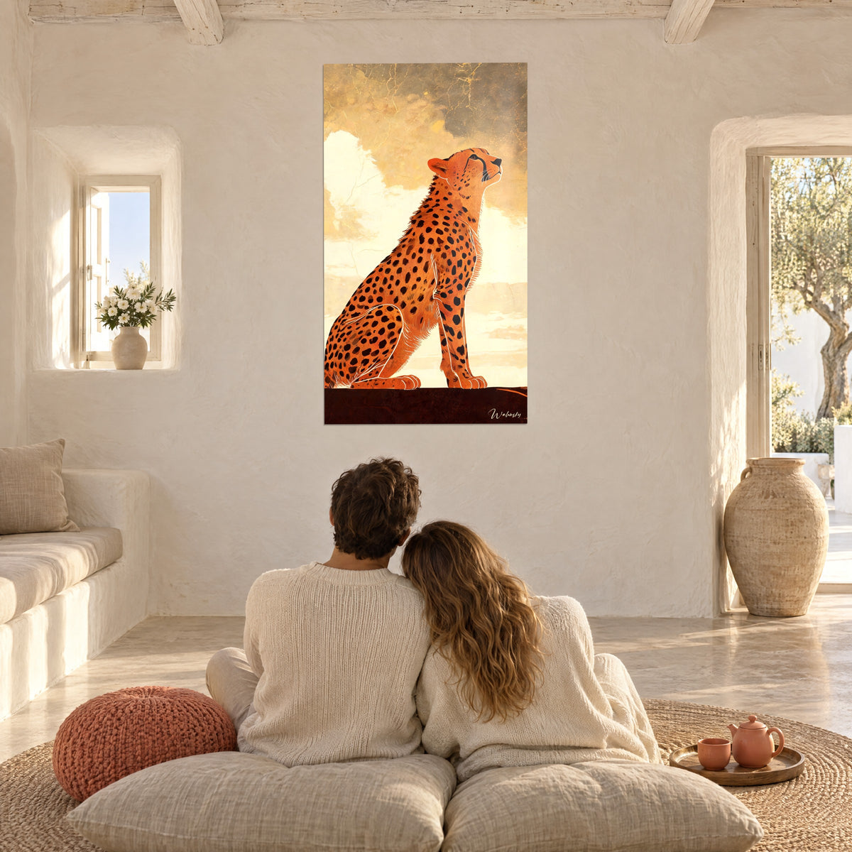 Wall art of a bright orange cheetah silhouette against ochre and cream clouds, white wall, a couple seated back to back on cushions