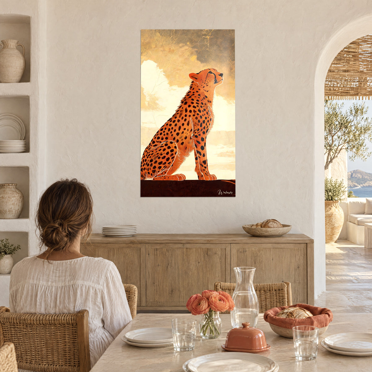 Wall art of a cheetah with a proud gaze, copper-orange spotted coat, cracked golden sky, in a Mediterranean dining room