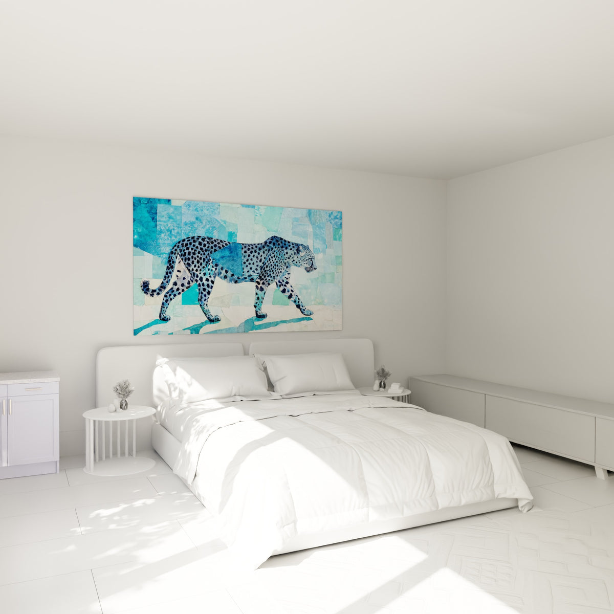 Félin turquoise et bleu pastel en pleine marche accroché au-dessus d'un lit dans une chambre claire