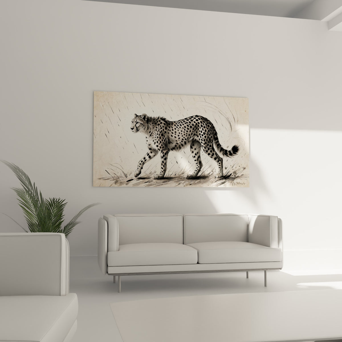 Guépard fauve esquissé sur fond beige patiné, au-dessus d'un canapé dans un salon lumineux