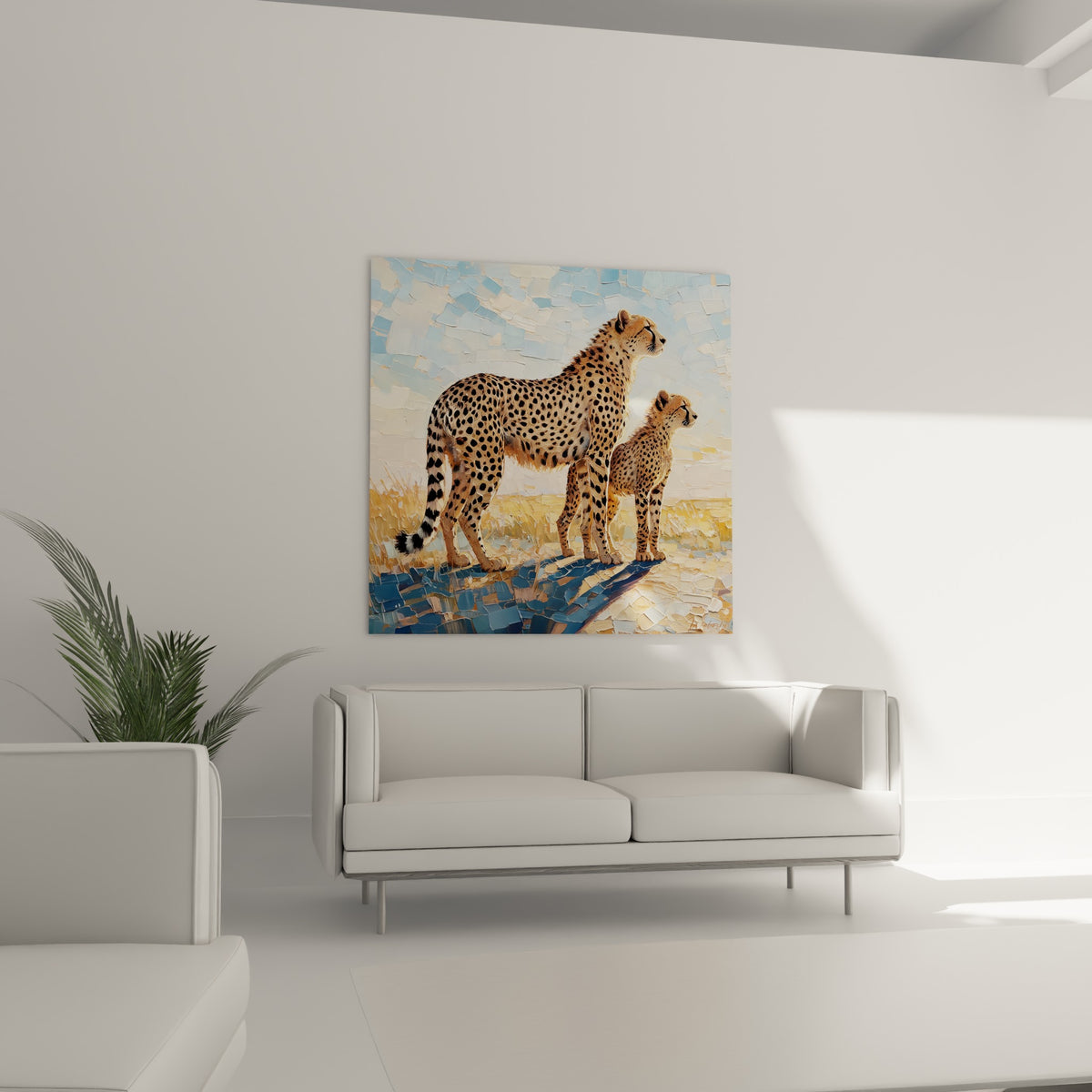 Félins tachetés beige et fauve dressés vers la lumière, au-dessus d'un canapé dans un salon lumineux