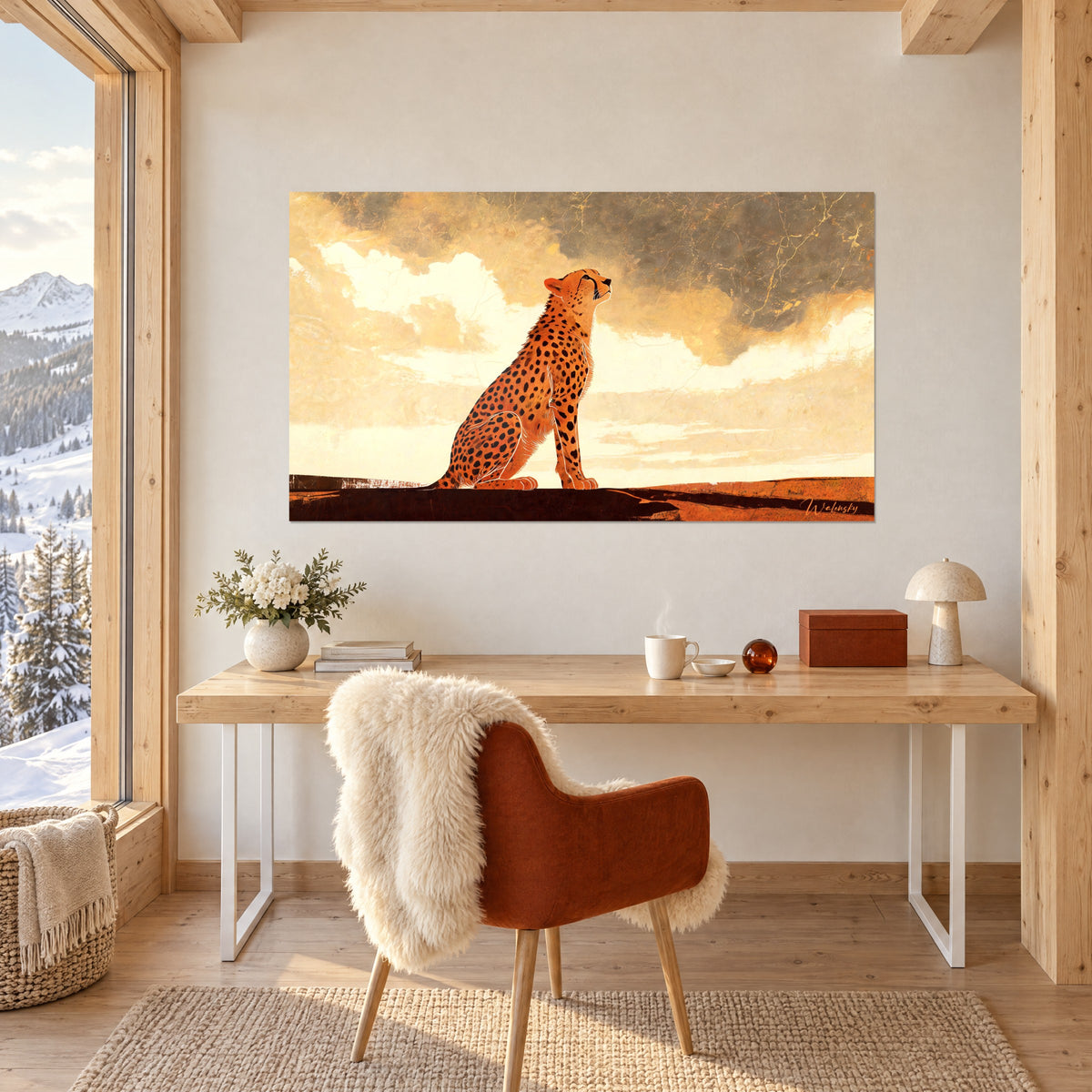 Wall art savanna hunter with ochre fur, gaze lifted toward a cream and charcoal sky, above a light desk and a copper chair