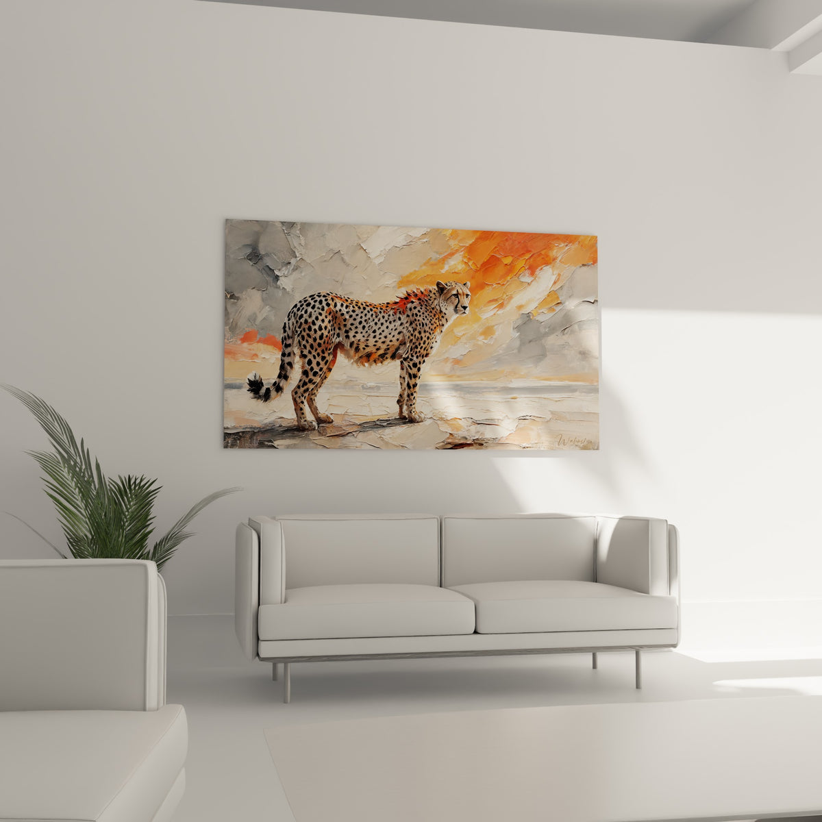 Guépard au regard perçant, pelage crème et taches noires, suspendu au-dessus d'un canapé dans un salon lumineux