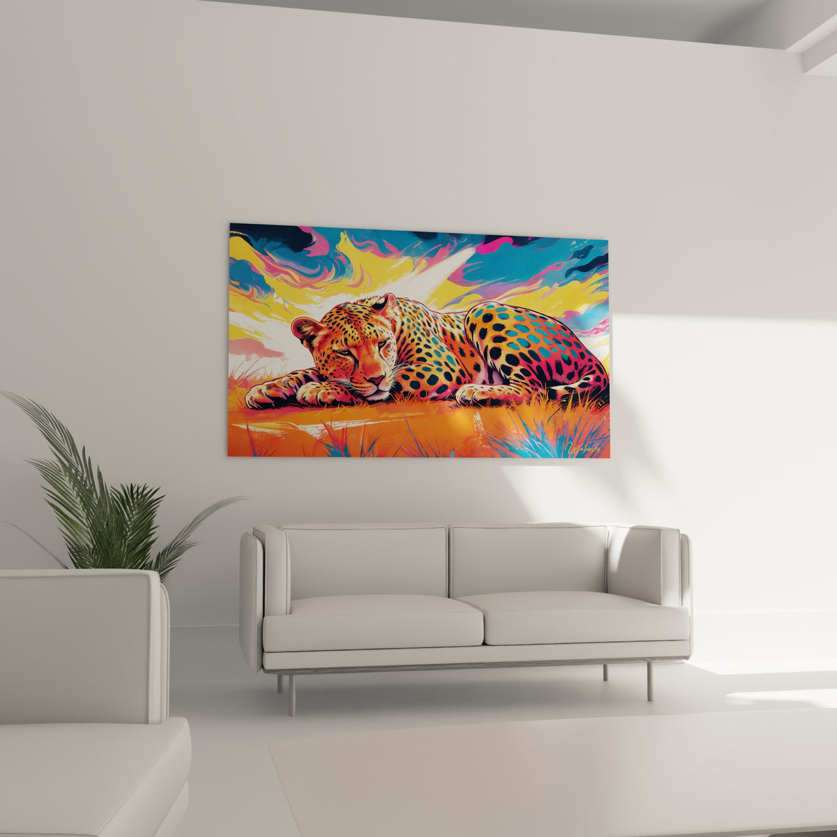 Félin paisible orange et rose vif au-dessus d'un canapé dans un salon lumineux