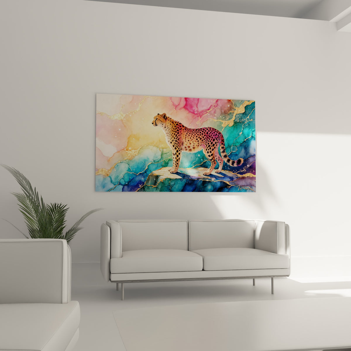 Silhouette féline aux taches noires sur fond bleu et rose marbré, au-dessus d'un canapé dans un salon lumineux