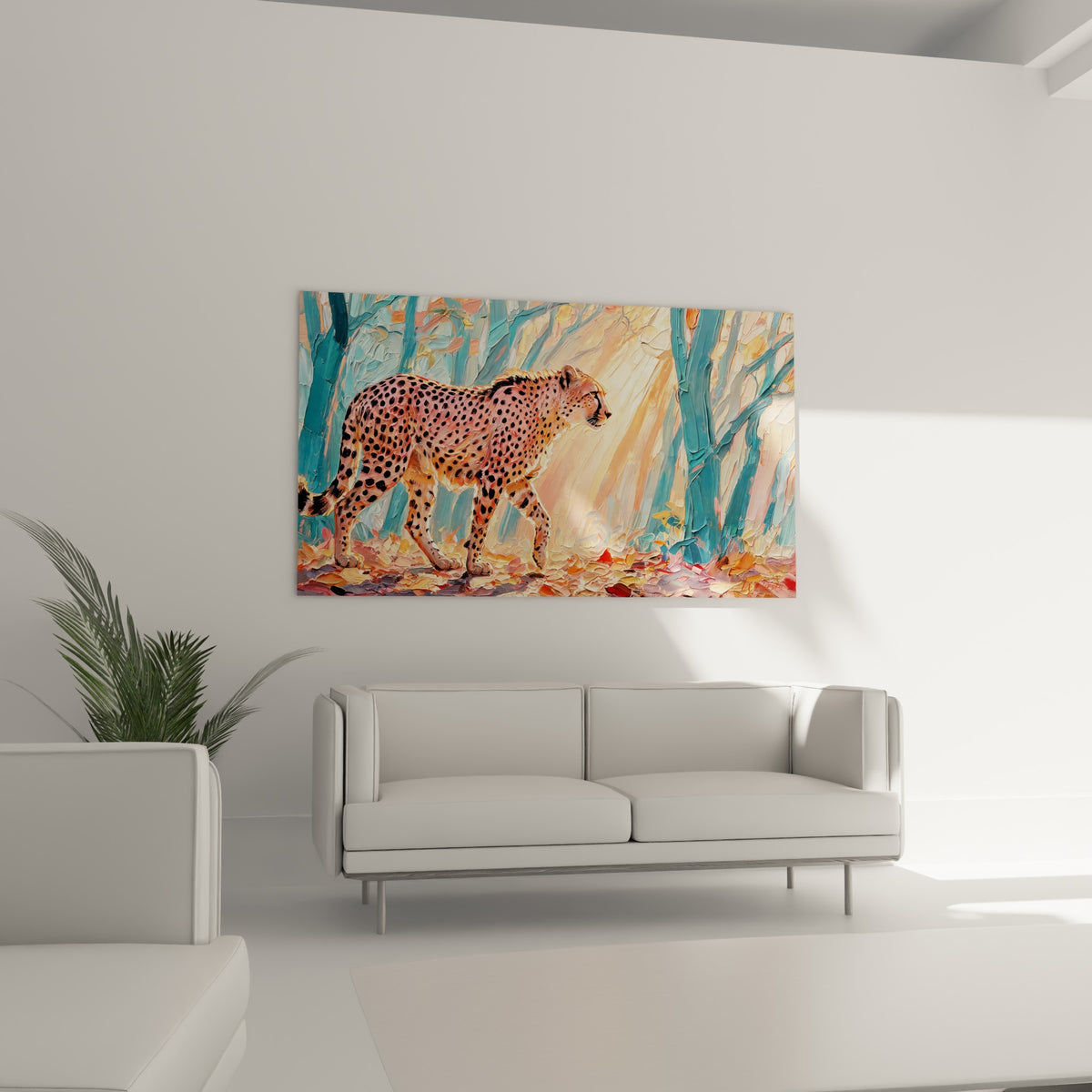 Silhouette de guépard corail et bleu glacé en mouvement, au-dessus d'un canapé dans un salon lumineux