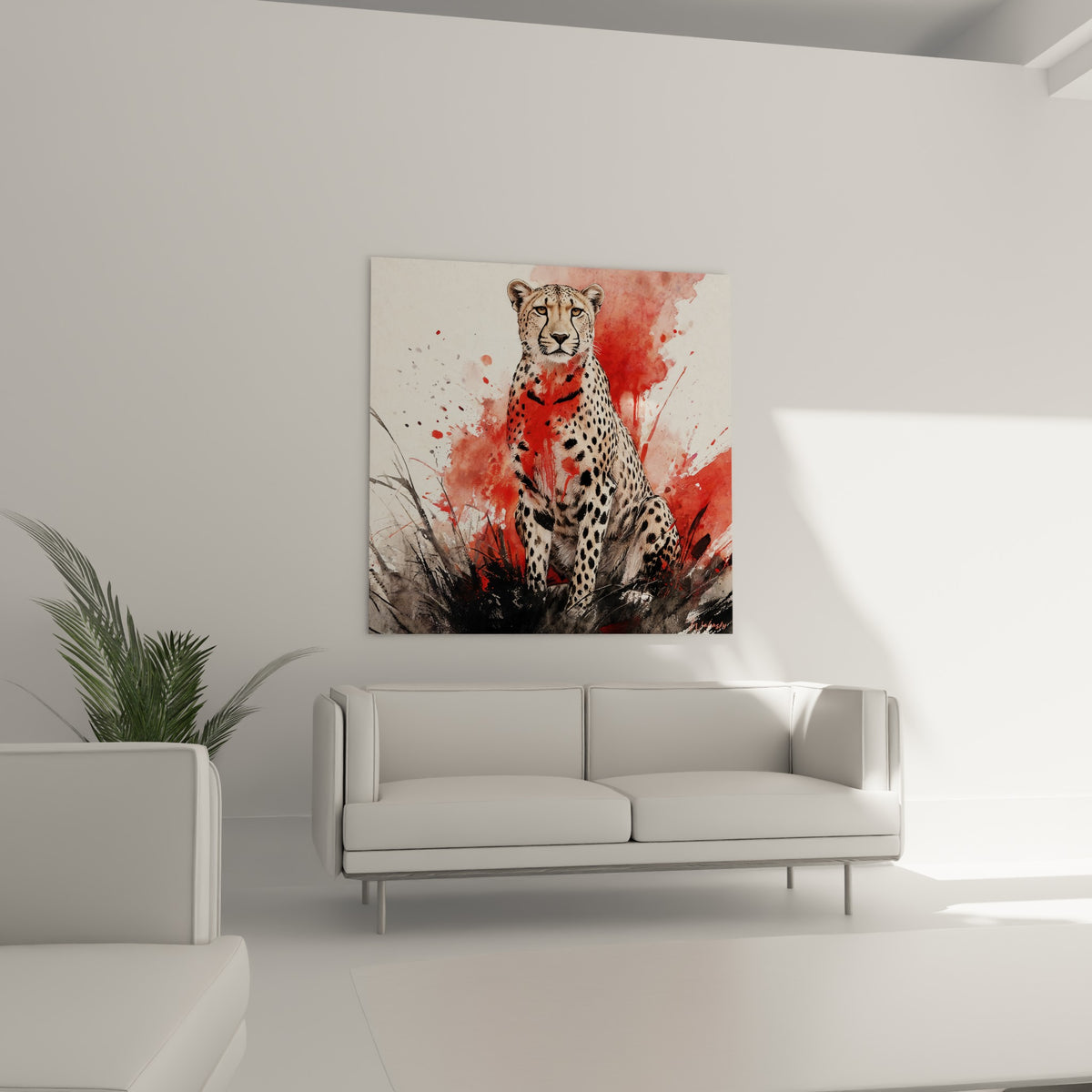 Yeux perçants du guépard, robe tachetée noire et beige, au-dessus d'un canapé dans un salon lumineux