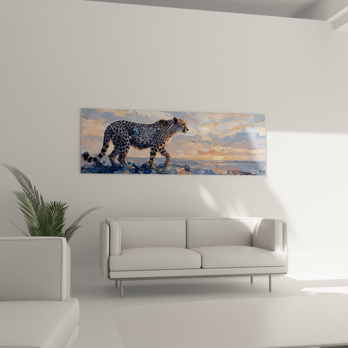 Félin tacheté noir et fauve avançant vers l'horizon, accroché au-dessus d'un canapé dans un salon lumineux