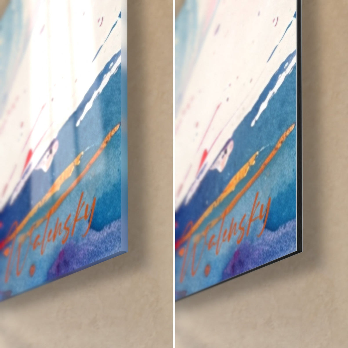Gemälde eines aquarellierten Geparden, untere rechte Ecke: glänzendes Acrylglas mit Reflexen und mattes Alu-Dibond, 3 mm Kante, Blau und Gold