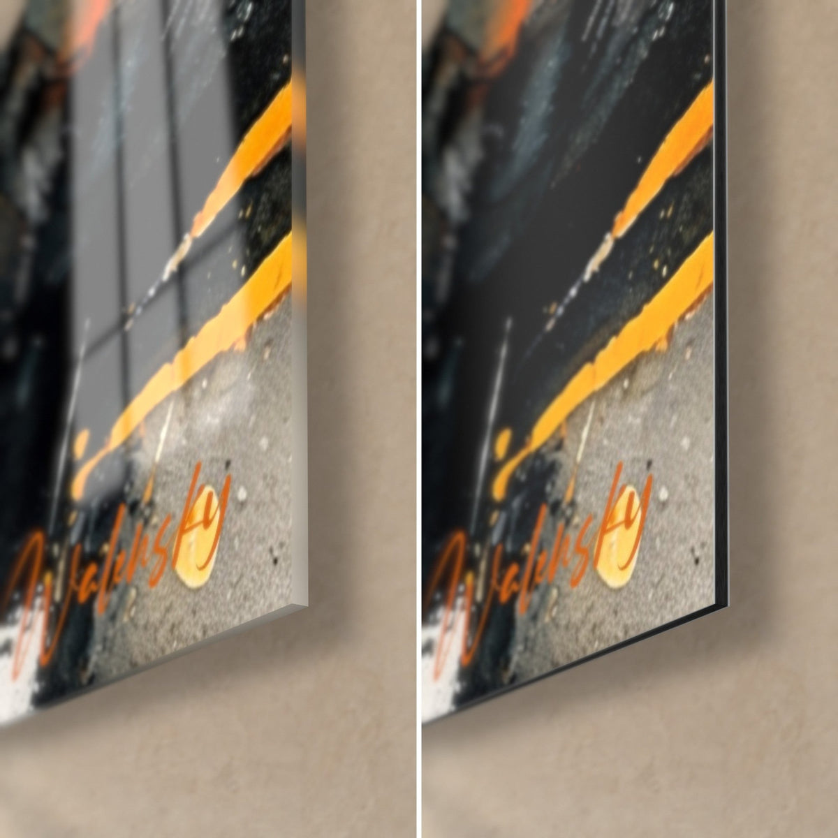 Wall art cheetah in watercolour, bottom right corner: orange drip on black, gold signature, glossy glass and matte Dibond, 3 mm edge