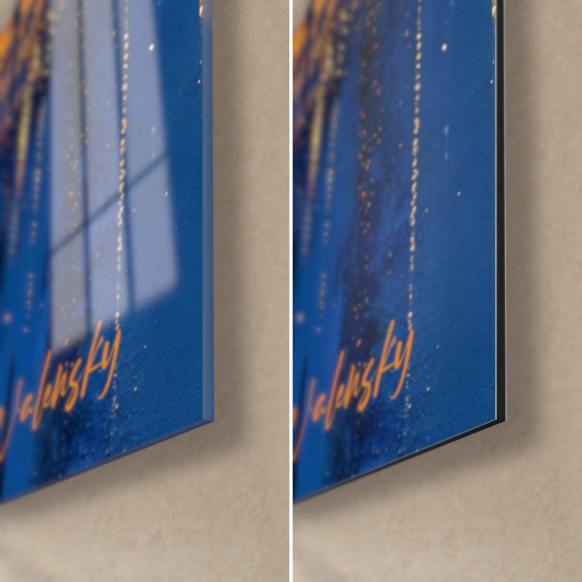 Gemälde Goldene Geparden, untere rechte Ecke: glänzendes Acrylglas links, mattes Dibond-Aluminium rechts, 3 mm Kante