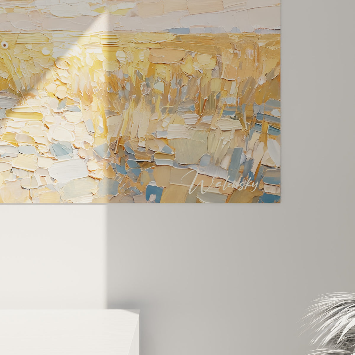 Empâtements bleu pastel et doré visibles de près, matière épaisse du pelage tacheté des guépards en peinture