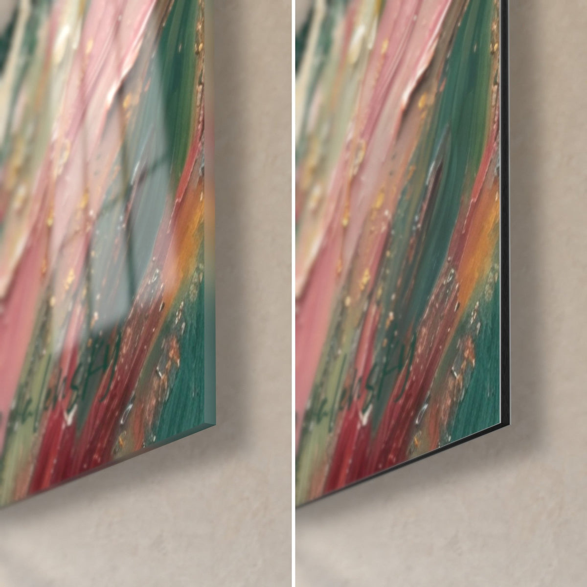 Gemälde Gepard in pastoser Malerei, untere rechte Ecke: glänzendes Acrylglas links, matt veredeltes Alu-Dibond rechts, 3 mm Kante