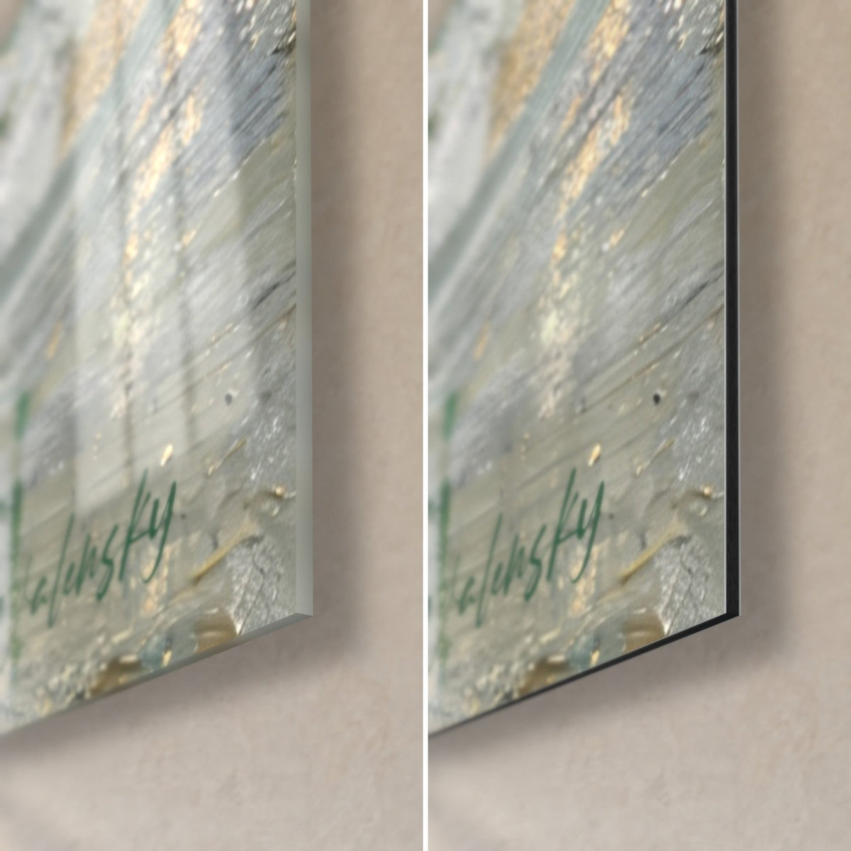 Cuadro Guepardo bebiendo, esquina inferior derecha: cristal acrílico brillante a la izquierda, aluminio Dibond negro mate a la derecha, firma verde