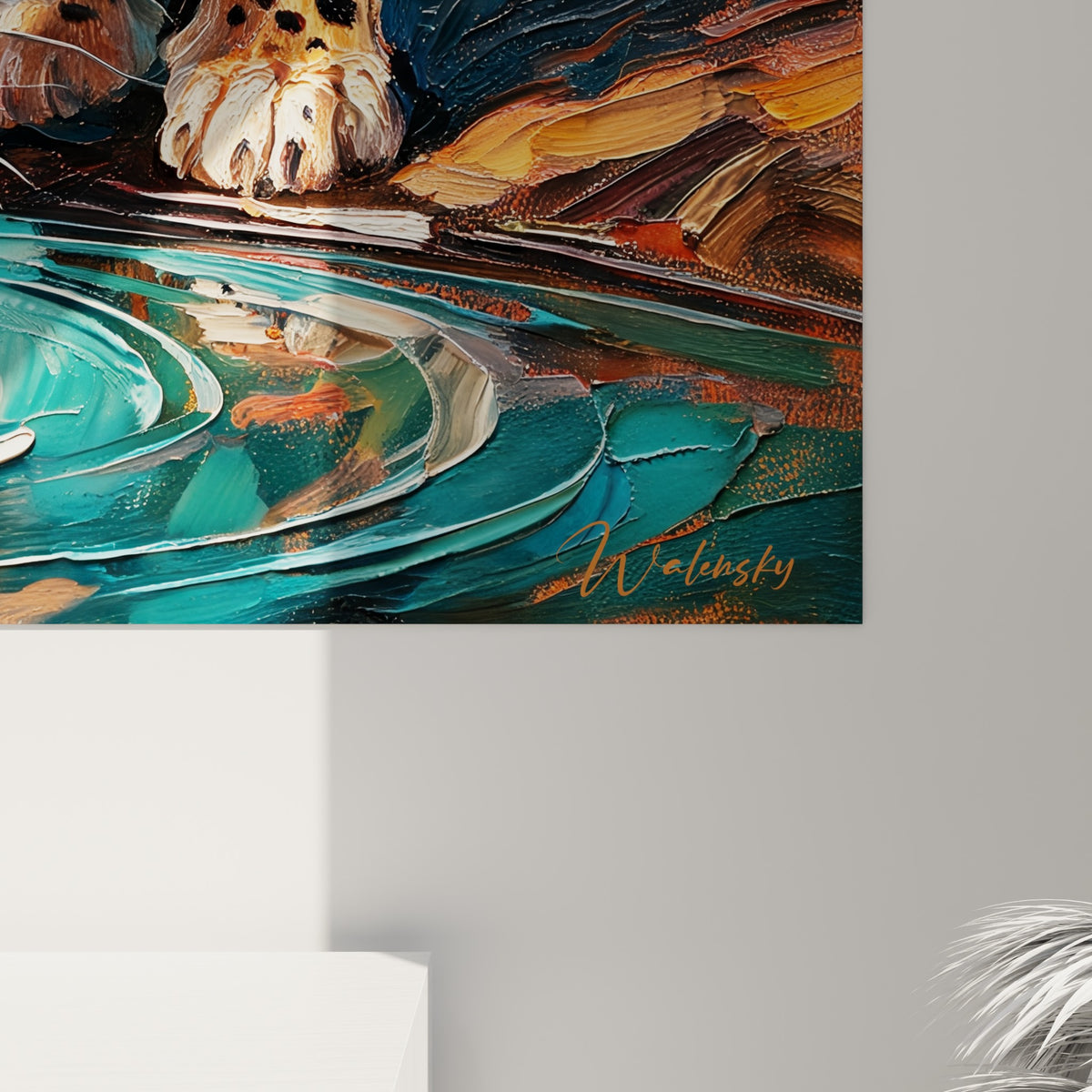 Empâtements épais orangés et turquoise, coulures et grain visibles sur le pelage tacheté du guépard peint