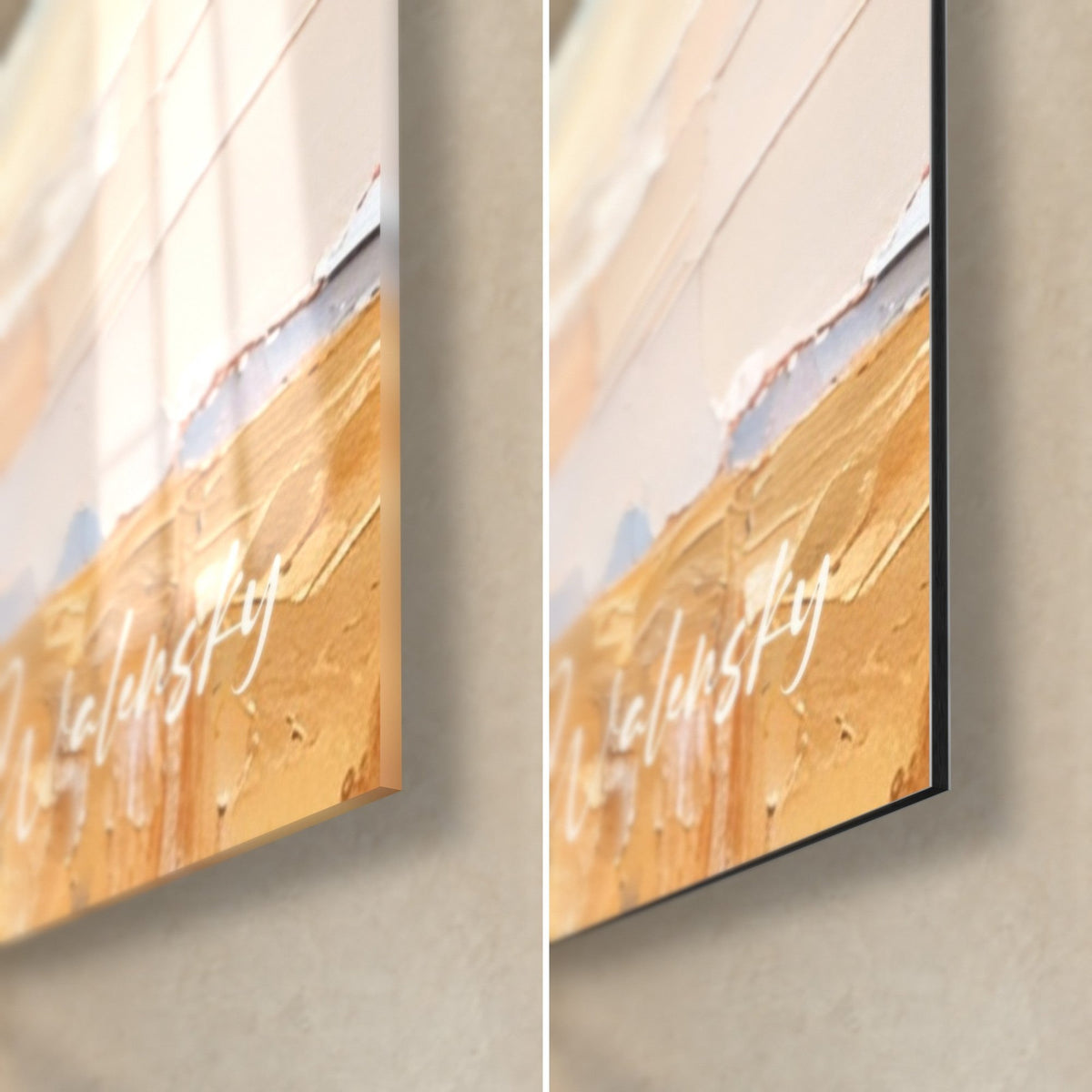 Wall art golden cheetahs, bottom right corner: glossy acrylic glass on the left, matte Dibond on the right, ochre grasses, white signature, 3 mm edge