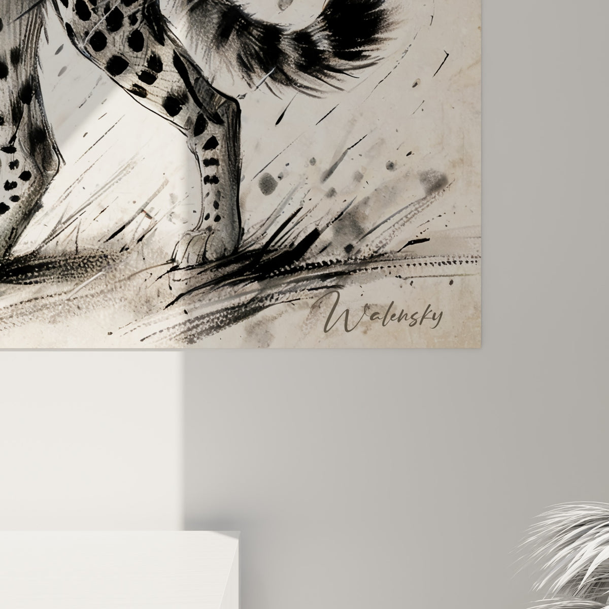 Grain du pelage moucheté noir et crème du guépard, traits d'encre gravés dans la toile texturée