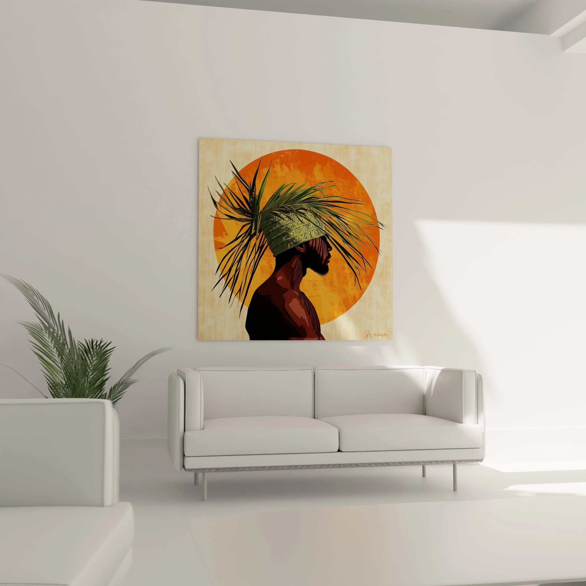 Tableau africain mural Walensky représentant un profil d'homme avec un feuillage vert sur fond orange