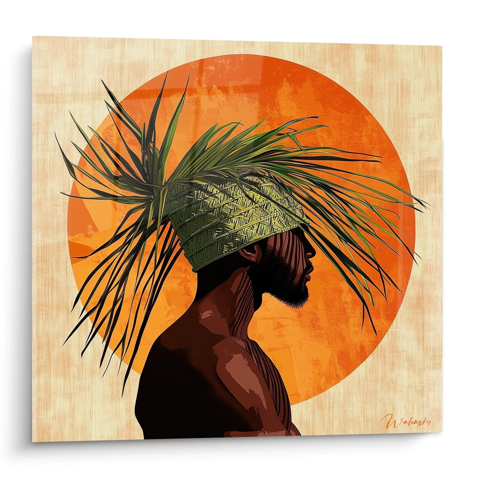 Tableau africain mural Walensky représentant un homme de profil avec coiffe en feuilles devant cercle orange