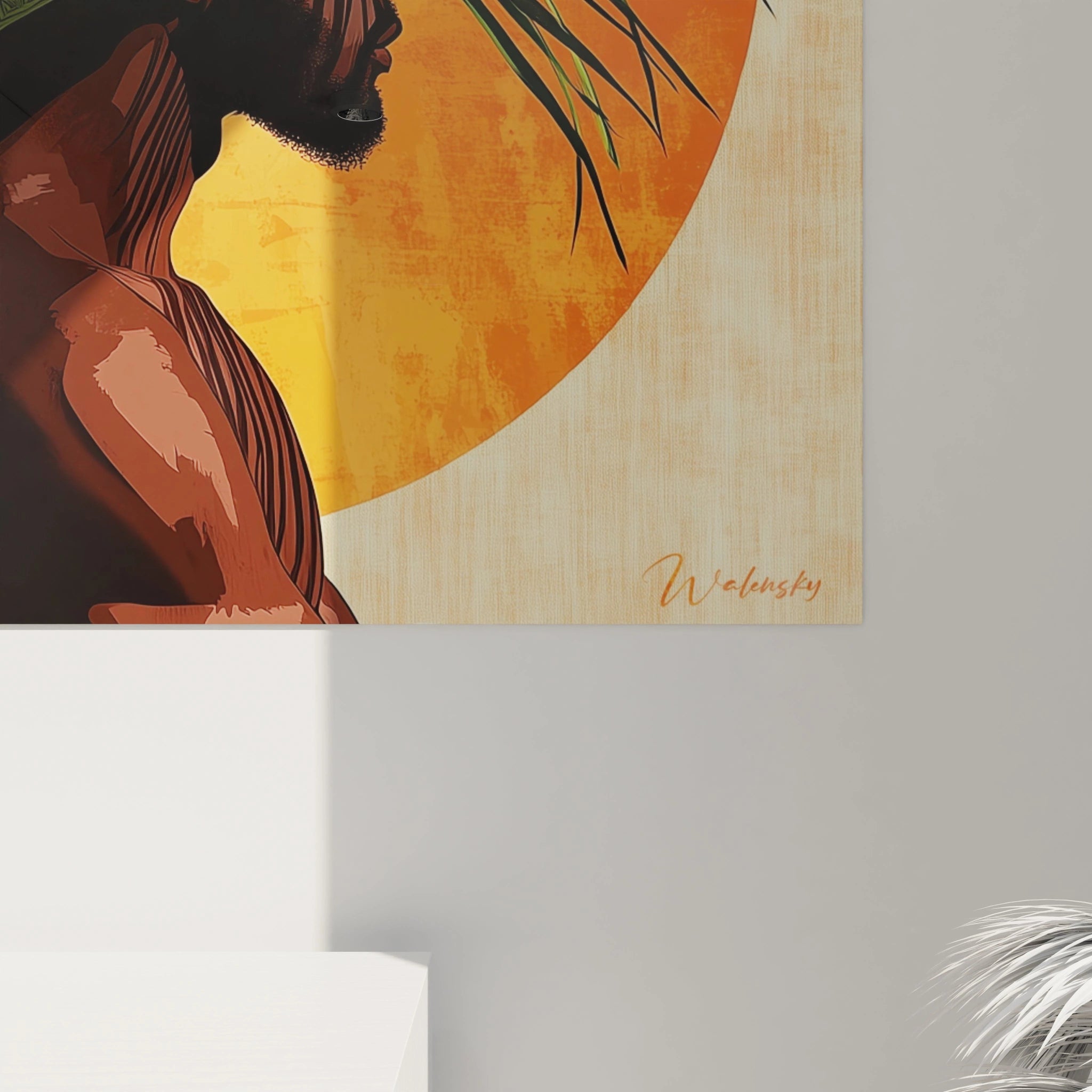 Tableau africain mural signé Walensky représentant un homme de profil avec un grand disque orange en arrière-plan