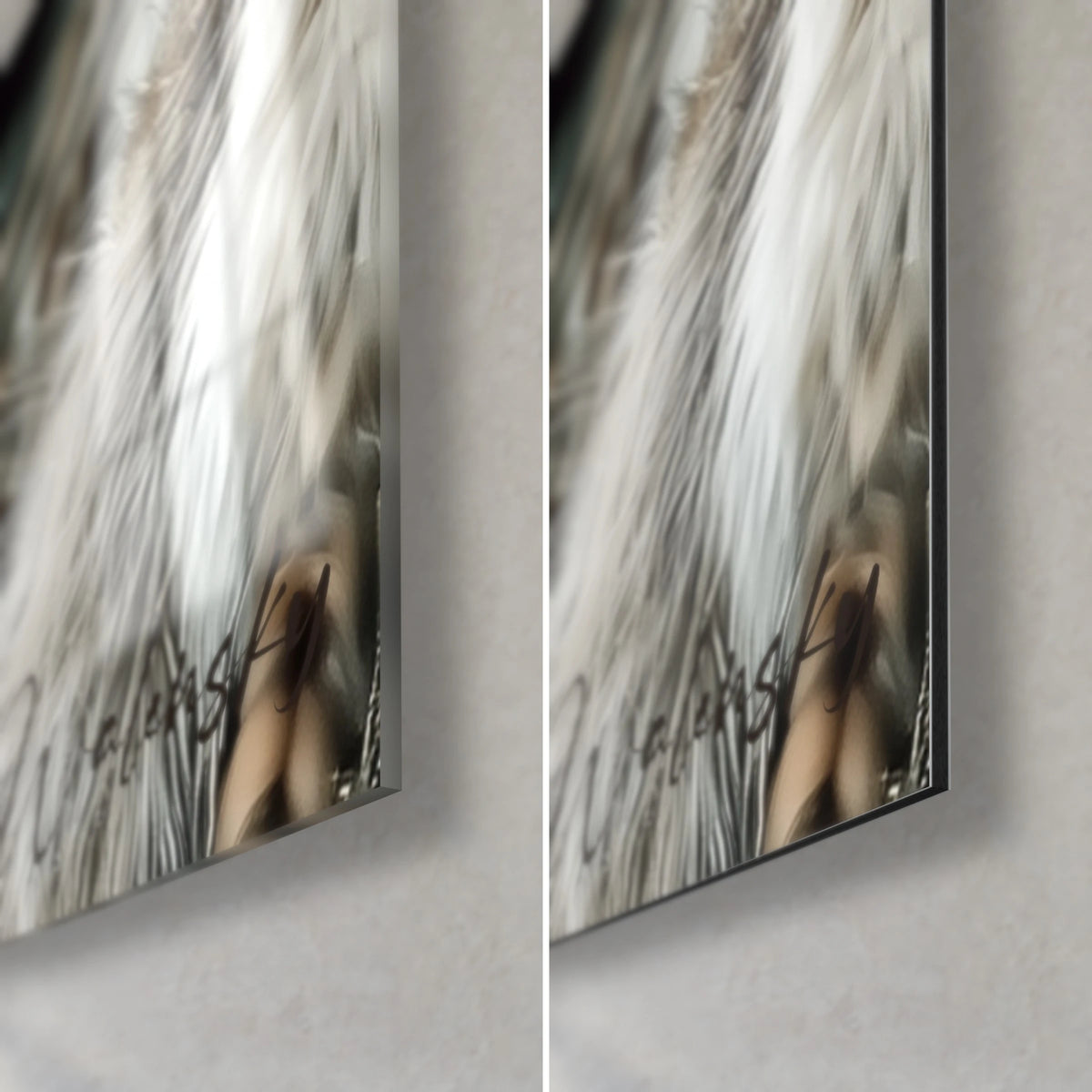 Wall art of a ceremonial chief, white feathers and brown weaving, bottom right corner, glossy glass on the left, matte Dibond on the right, 3 mm edge