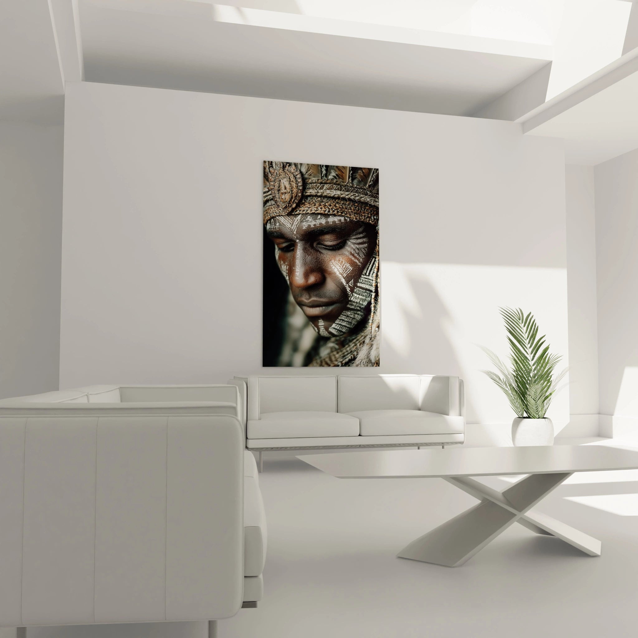 tableau art tribal Walensky portrait mural d homme tribal maquillage et coiffe accroché dans salon blanc moderne