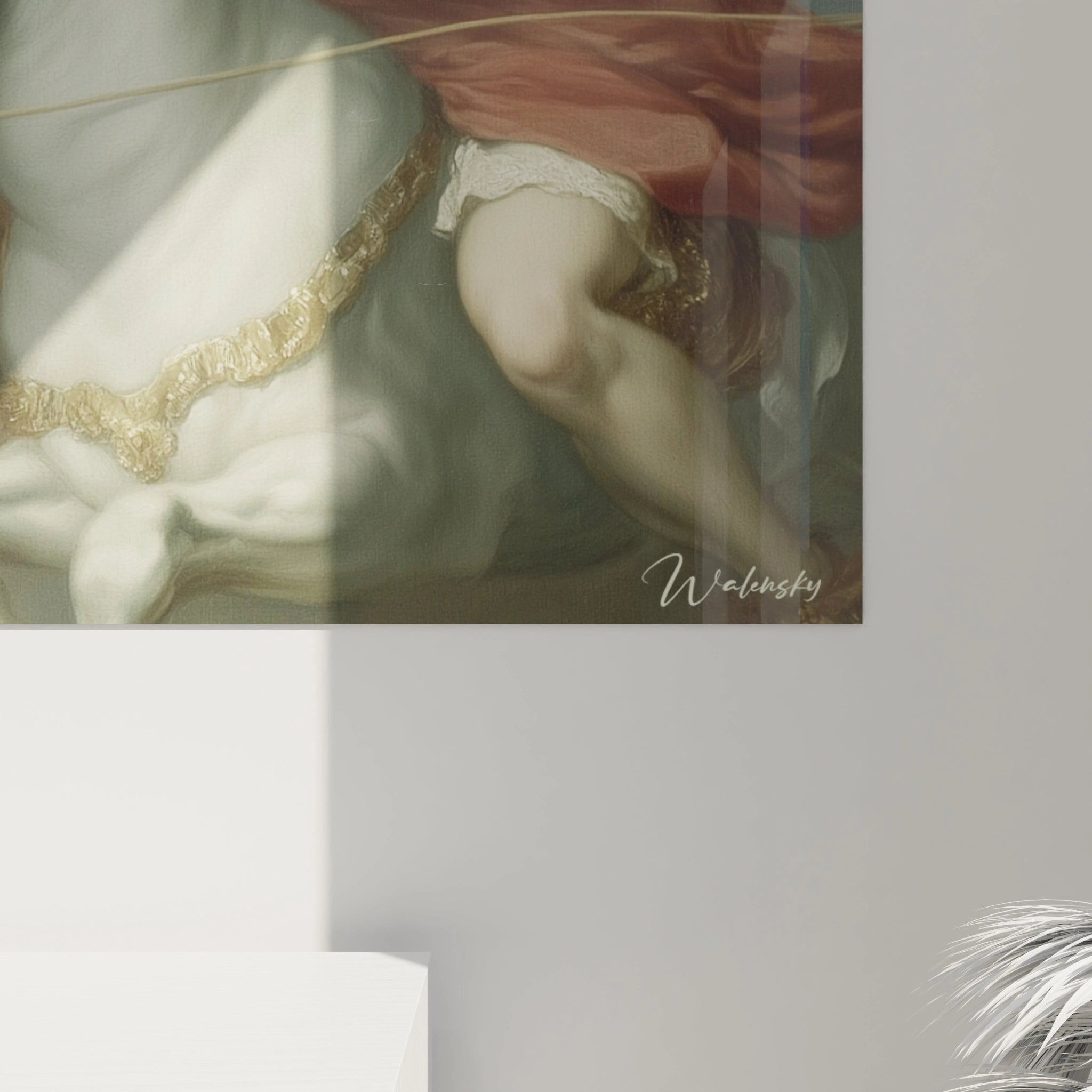 tableau guerrier néo classique Walensky montrant jambe de cavalier et drapé doré sur toile murale moderne