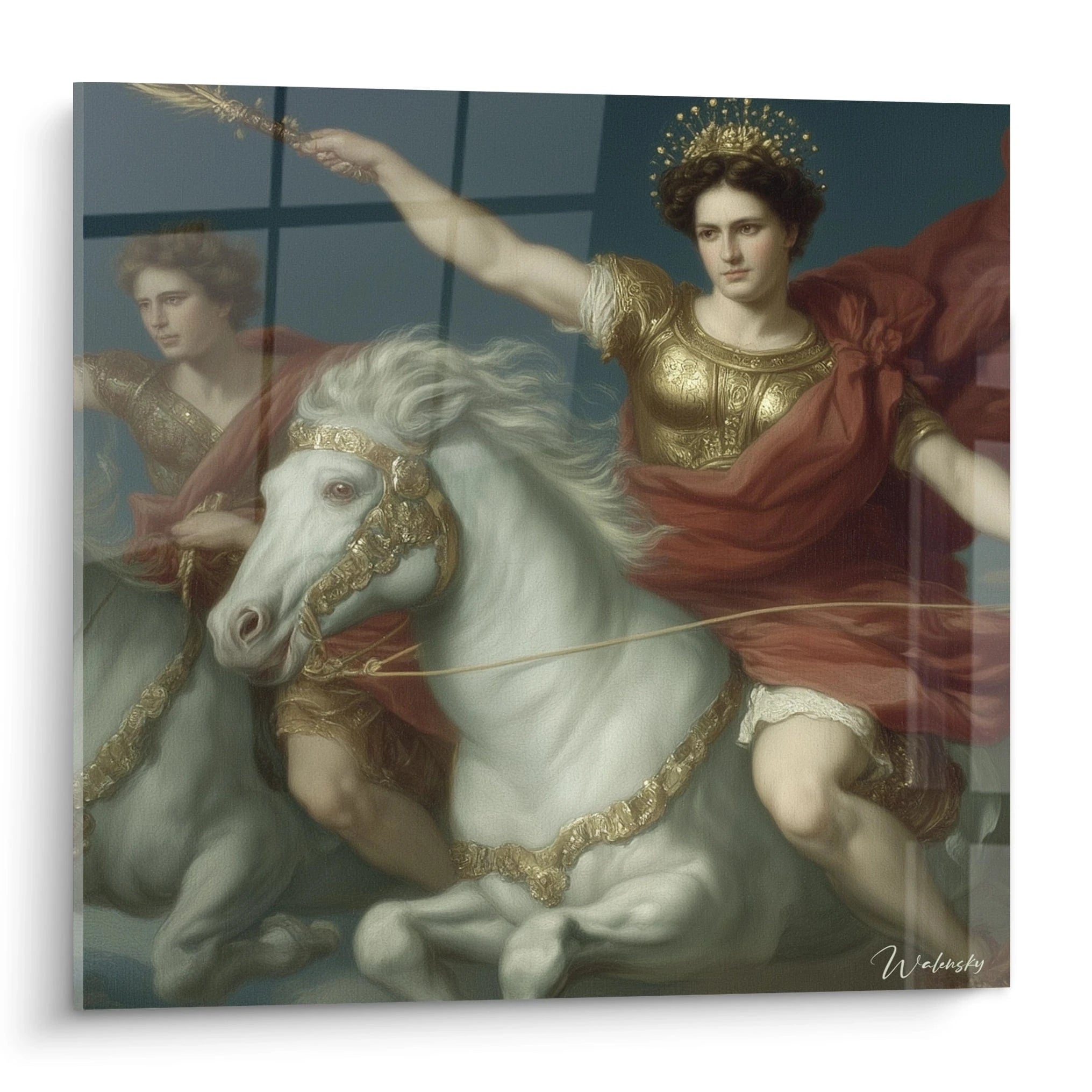 Tableau mural Walensky d un guerrier en armure dorée sur cheval blanc drapé de rouge tableau guerrier néo classique