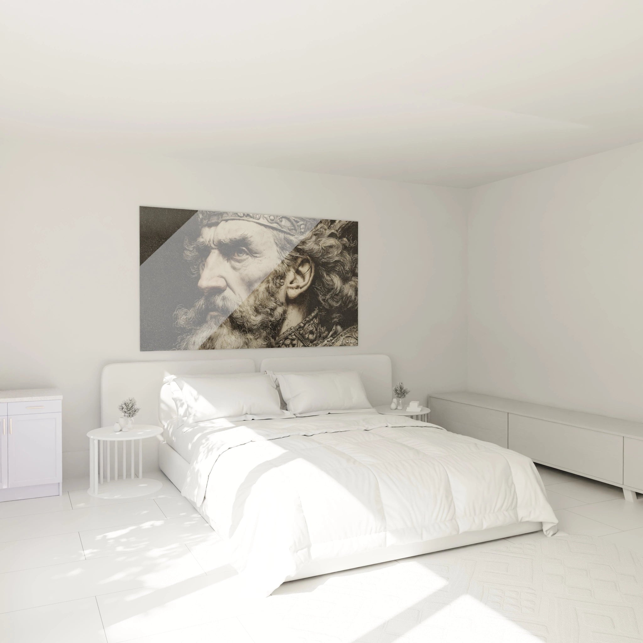 tableau mural Alexandre le Grand par Walensky portrait sepia accroche au dessus d un lit double moderne blanc