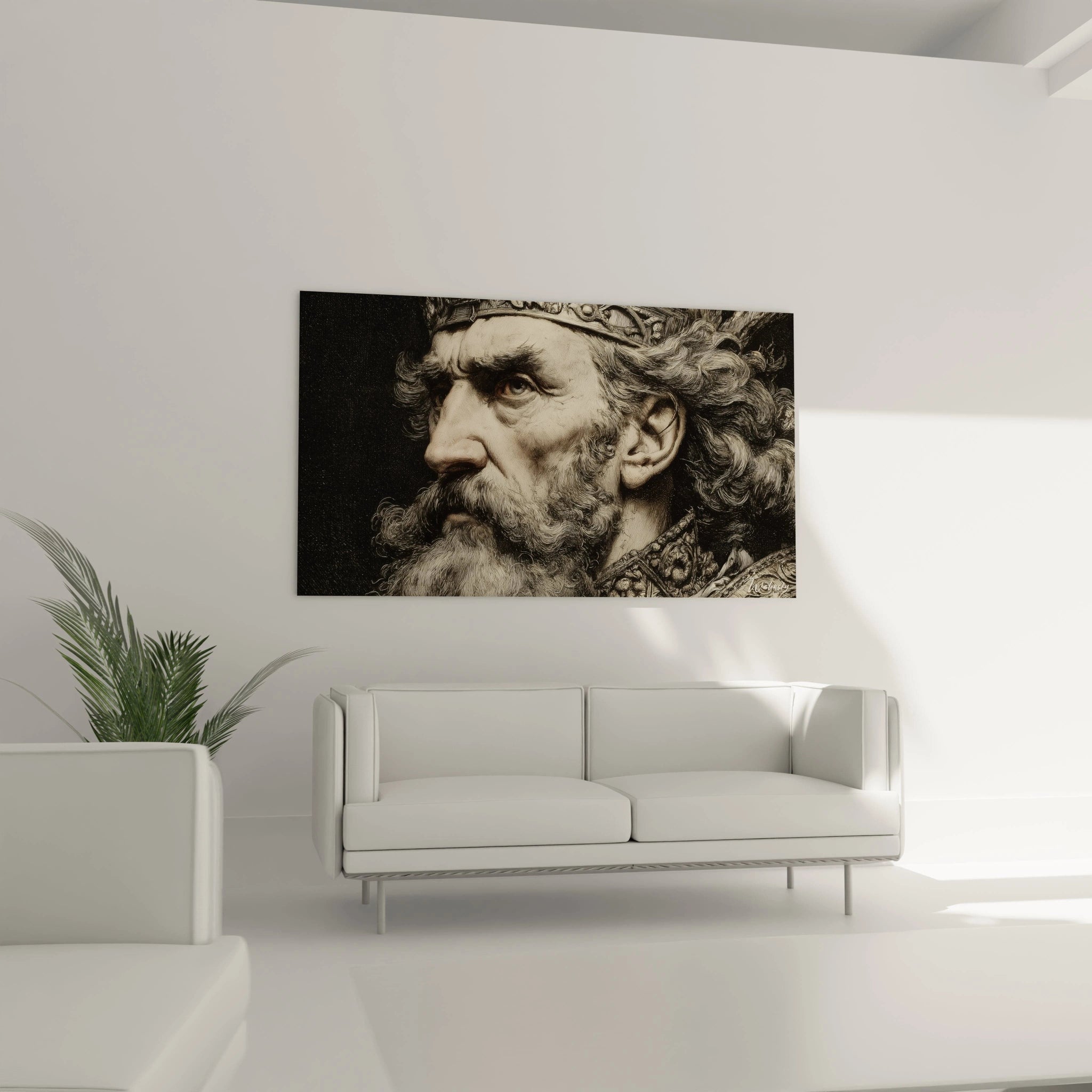 tableau mural Alexandre le Grand Walensky portrait barbu sépia grand format au dessus du canapé moderne blanc
