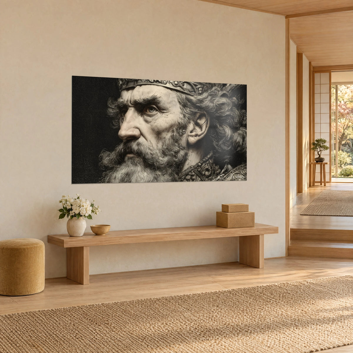 Schilderij gegraveerd portret van een gekroonde vorst, grijze krullen en ivoren gezicht op zwarte achtergrond, crèmekleurige muur van een japandi gang