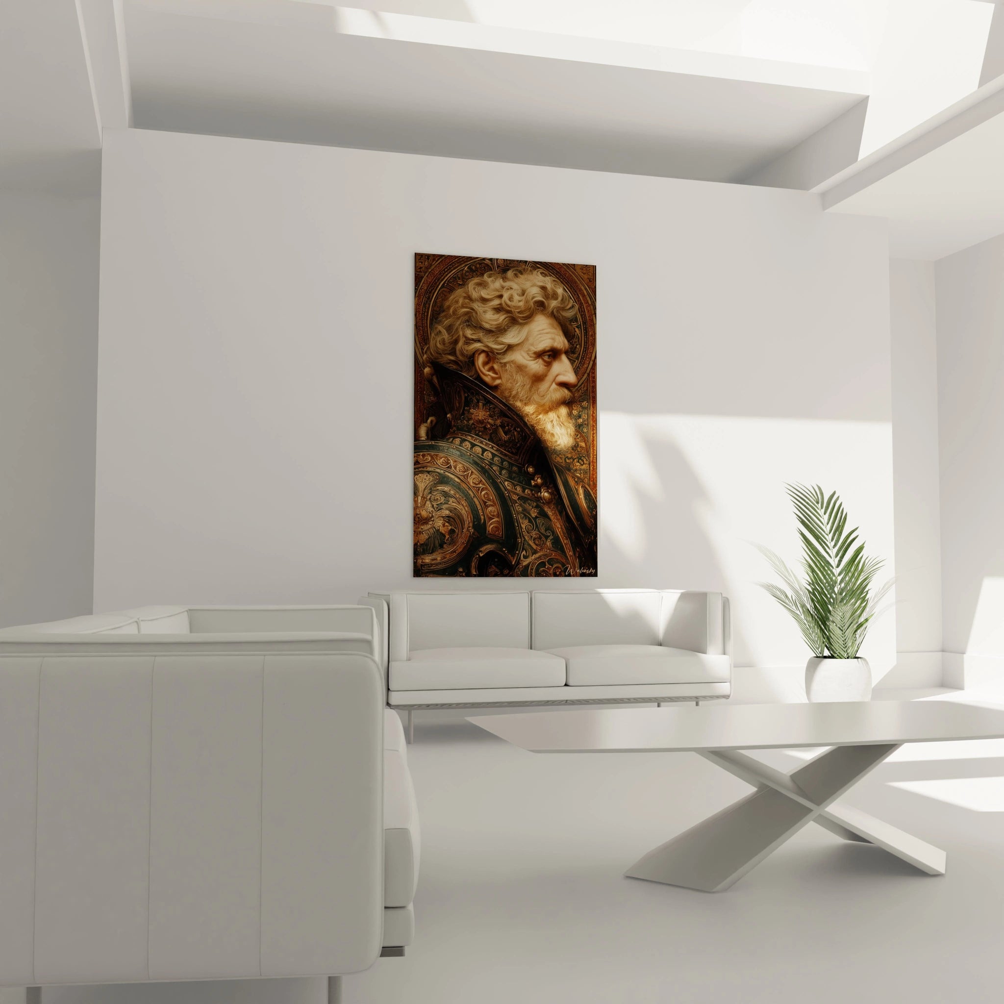 Tableau Walensky représentant un guerrier ancien en armure richement décorée, tableau guerrier profil noble dans un salon blanc