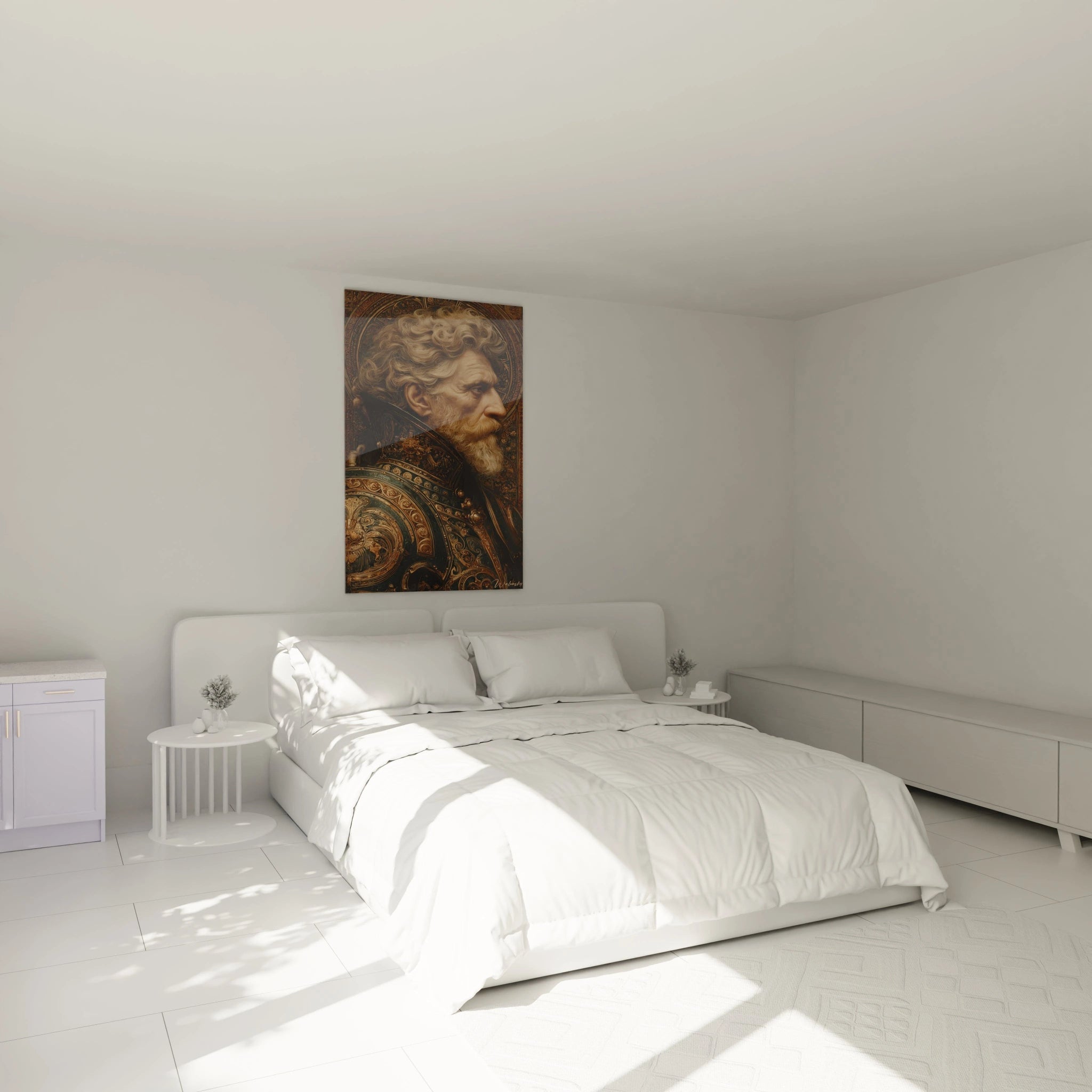 Tableau mural Walensky tableau guerrier profil noble accroché au dessus d un lit blanc minimaliste dans une chambre épurée