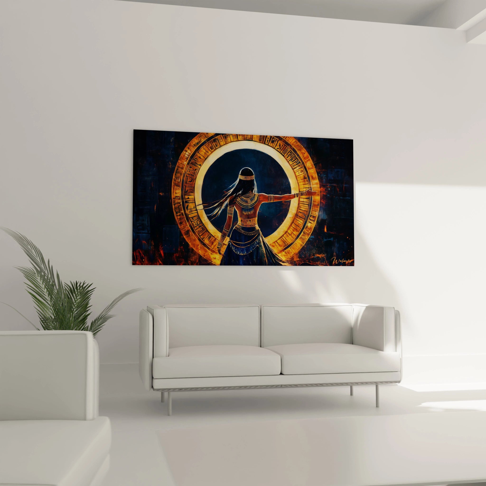 Tableau Egypte mural Walensky représentant une silhouette égyptienne devant un cercle doré lumineux