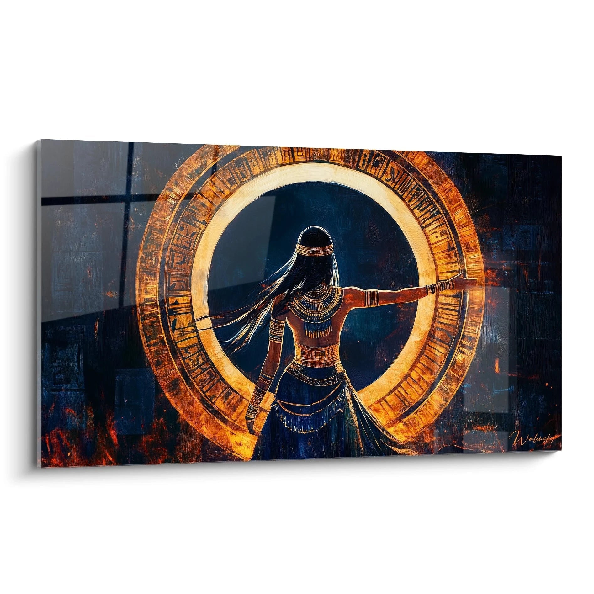 Tableau Egypte mural Walensky représentant une femme égyptienne devant un cercle lumineux doré