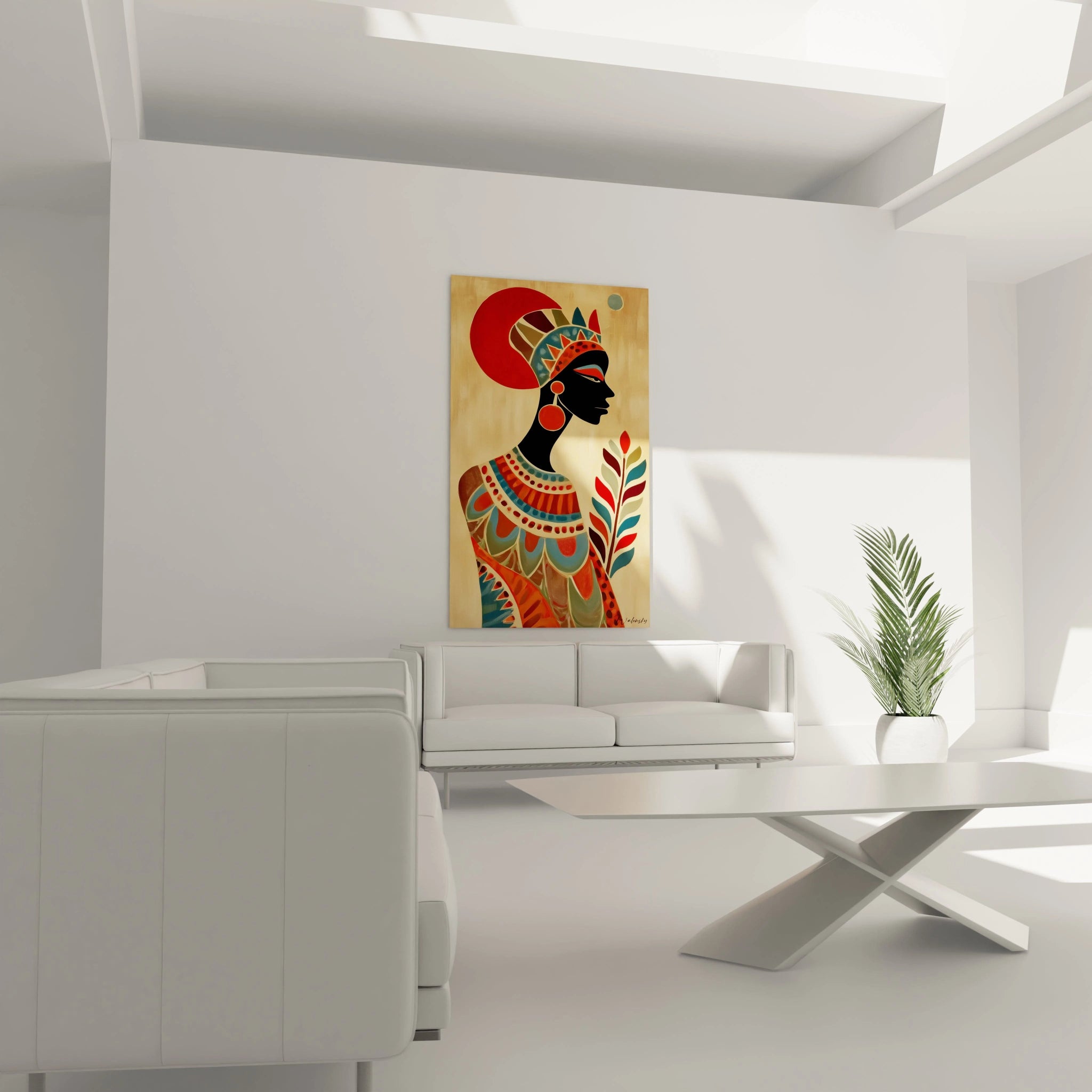 Tableau mural Walensky representant une femme stylisee en motifs tribaux couleurs vives tableau art tribal femme