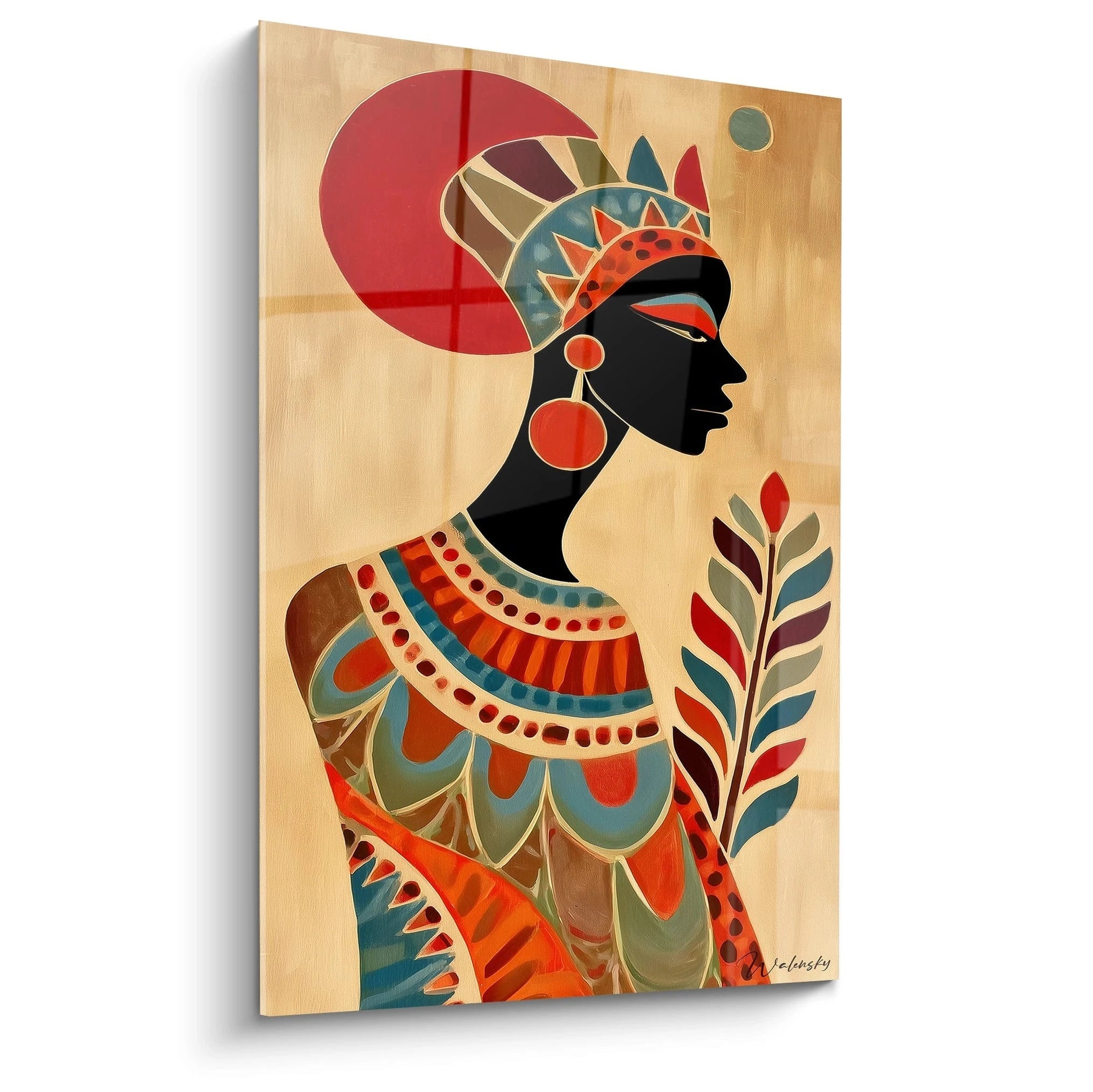 tableau art tribal femme Walensky silhouette féminine stylisée noire motifs colorés sur fond bois cercle rouge