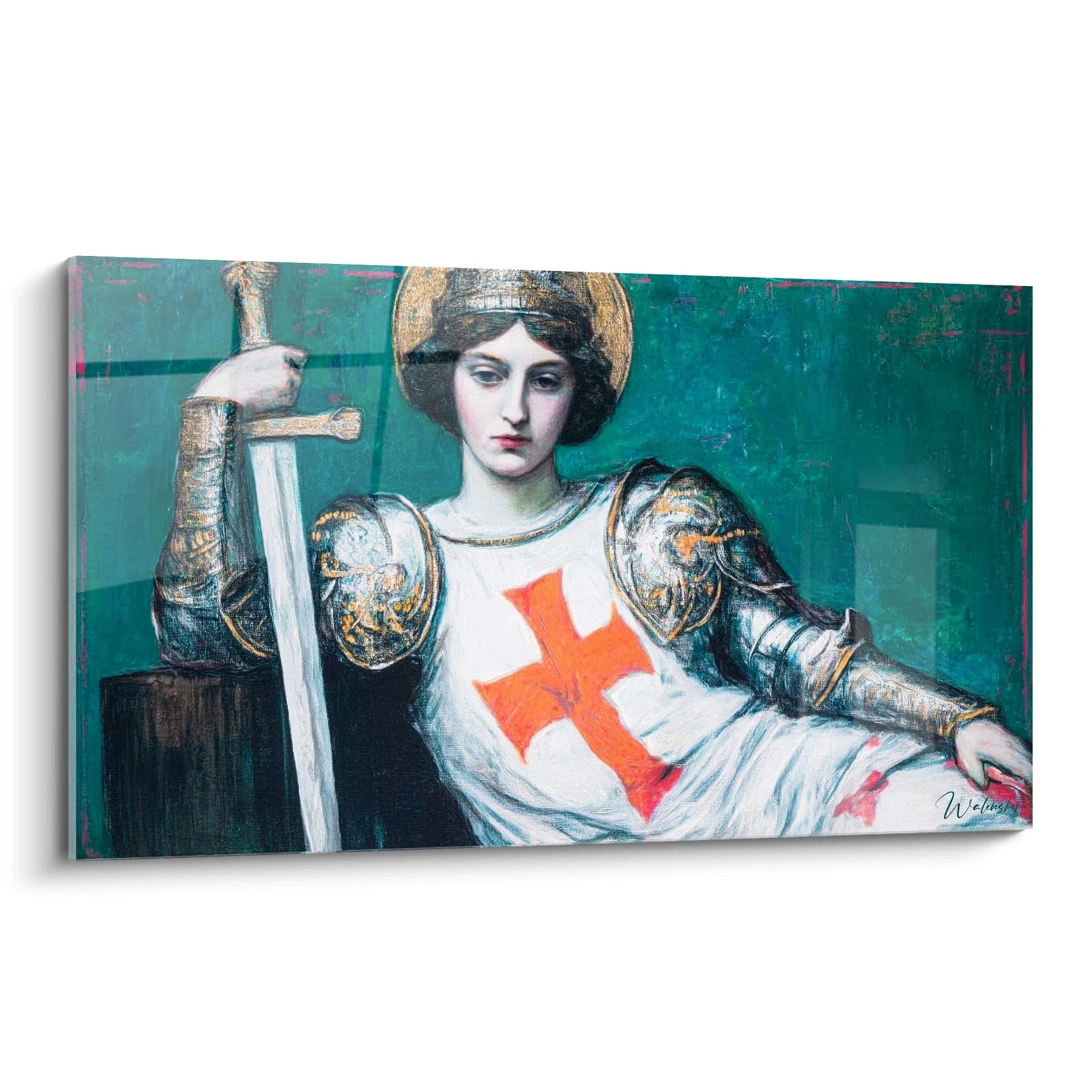Walensky tableau guerrière préraphaélite sur toile montrant guerrière en armure avec épée et croix rouge