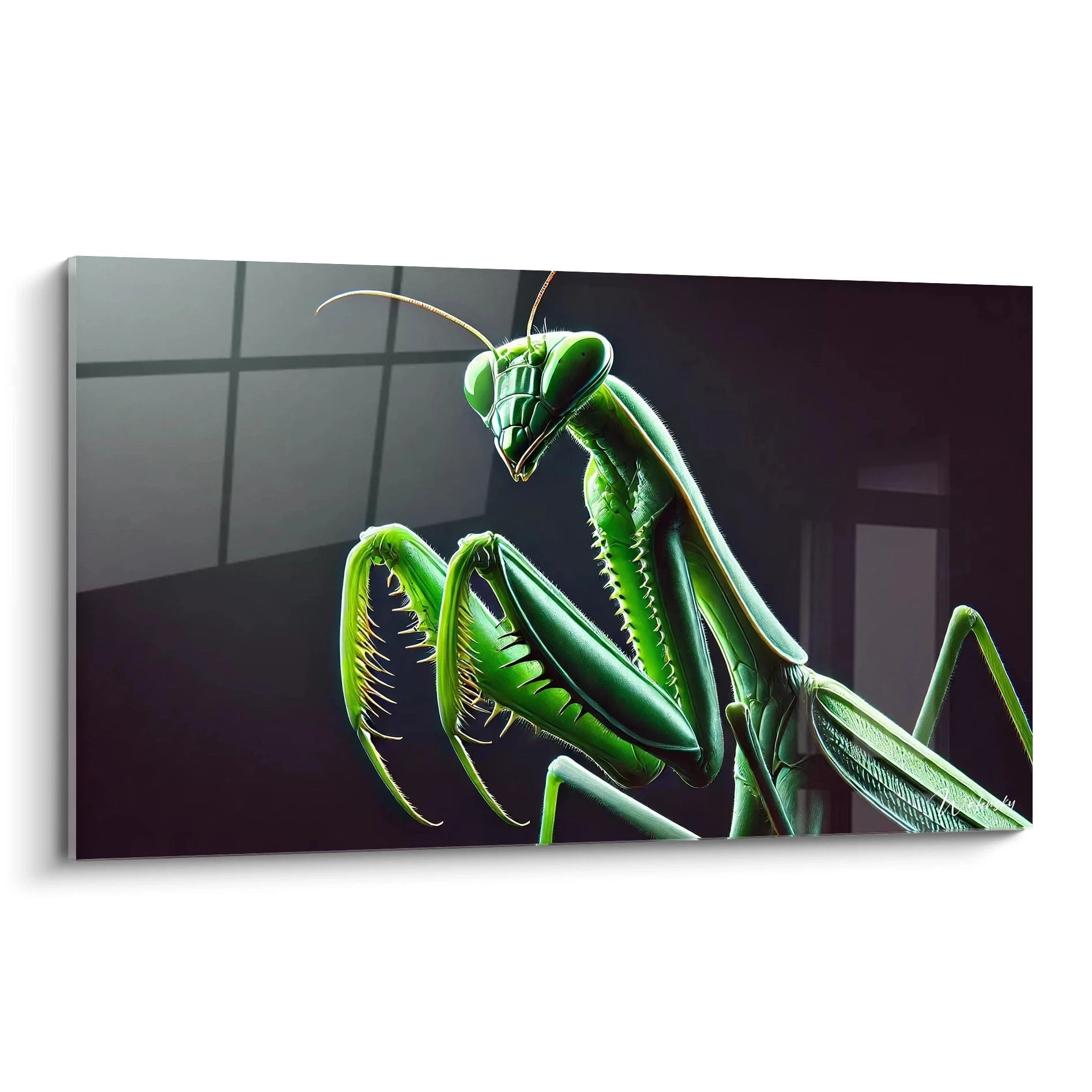 Ce tableau insecte capture la complexité et la puissance d'une mante religieuse. Les détails anatomiques précis et l'atmosphère dramatique en font une pièce unique pour tout intérieur.