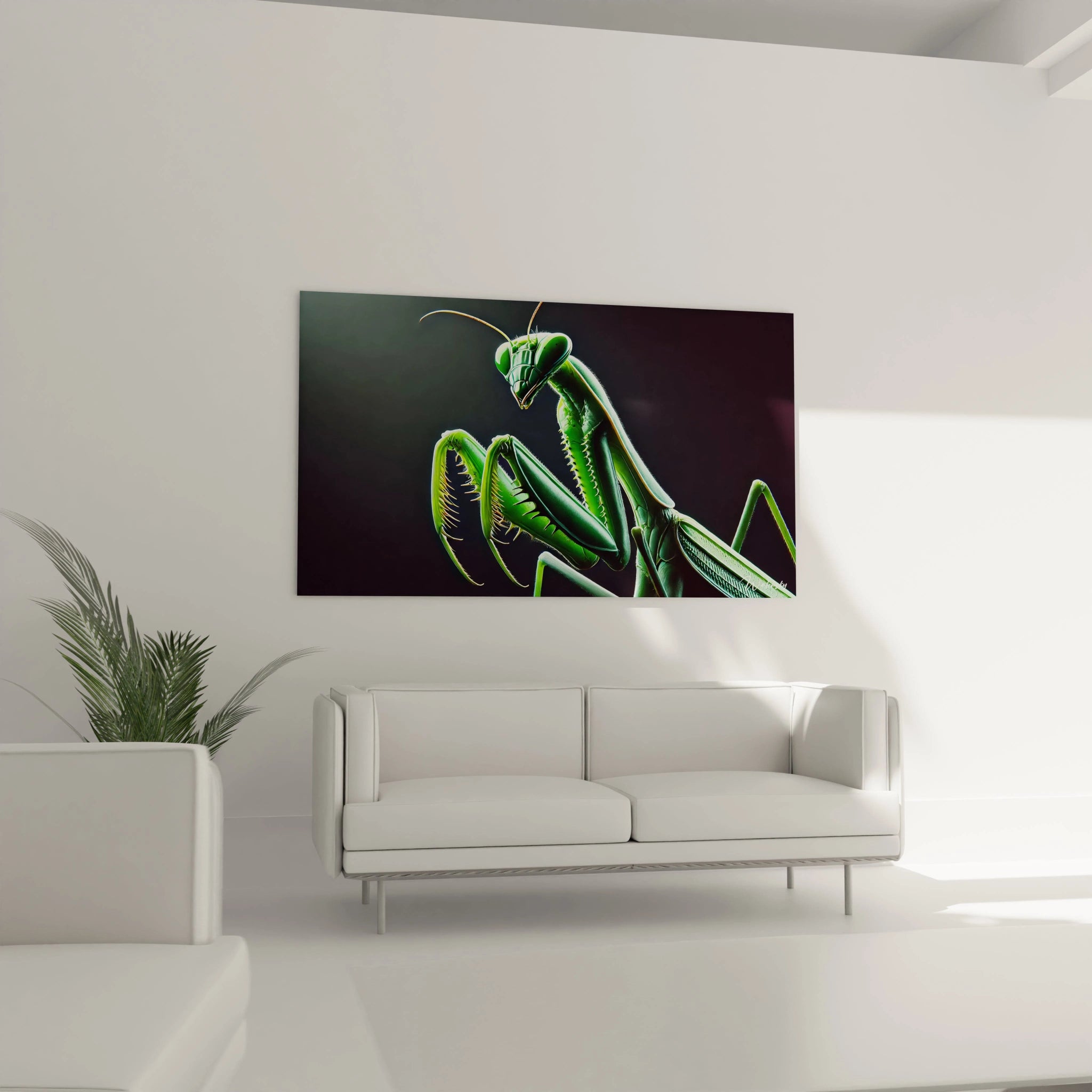Ce tableau insecte accroche dans votre salon apporte profondeur et mystere. L'insecte vert et le fond sombre creent une tension visuelle captivante pour un style moderne et audacieux.