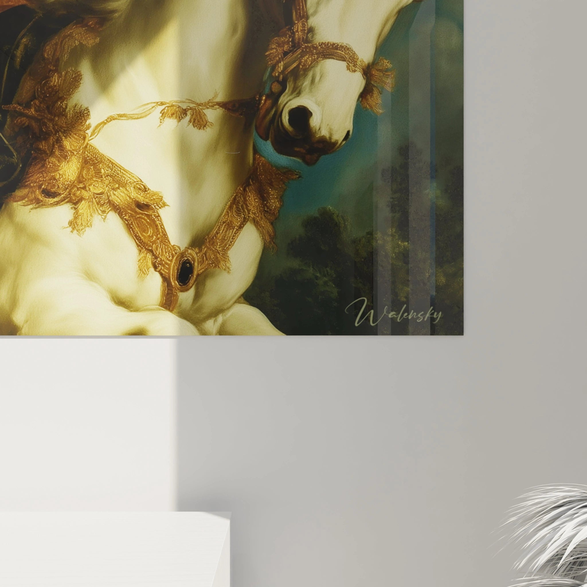 Tableau mural Walensky montrant un gros plan d'un cheval blanc orné d'un harnais doré tableau guerrière vertu héroïque