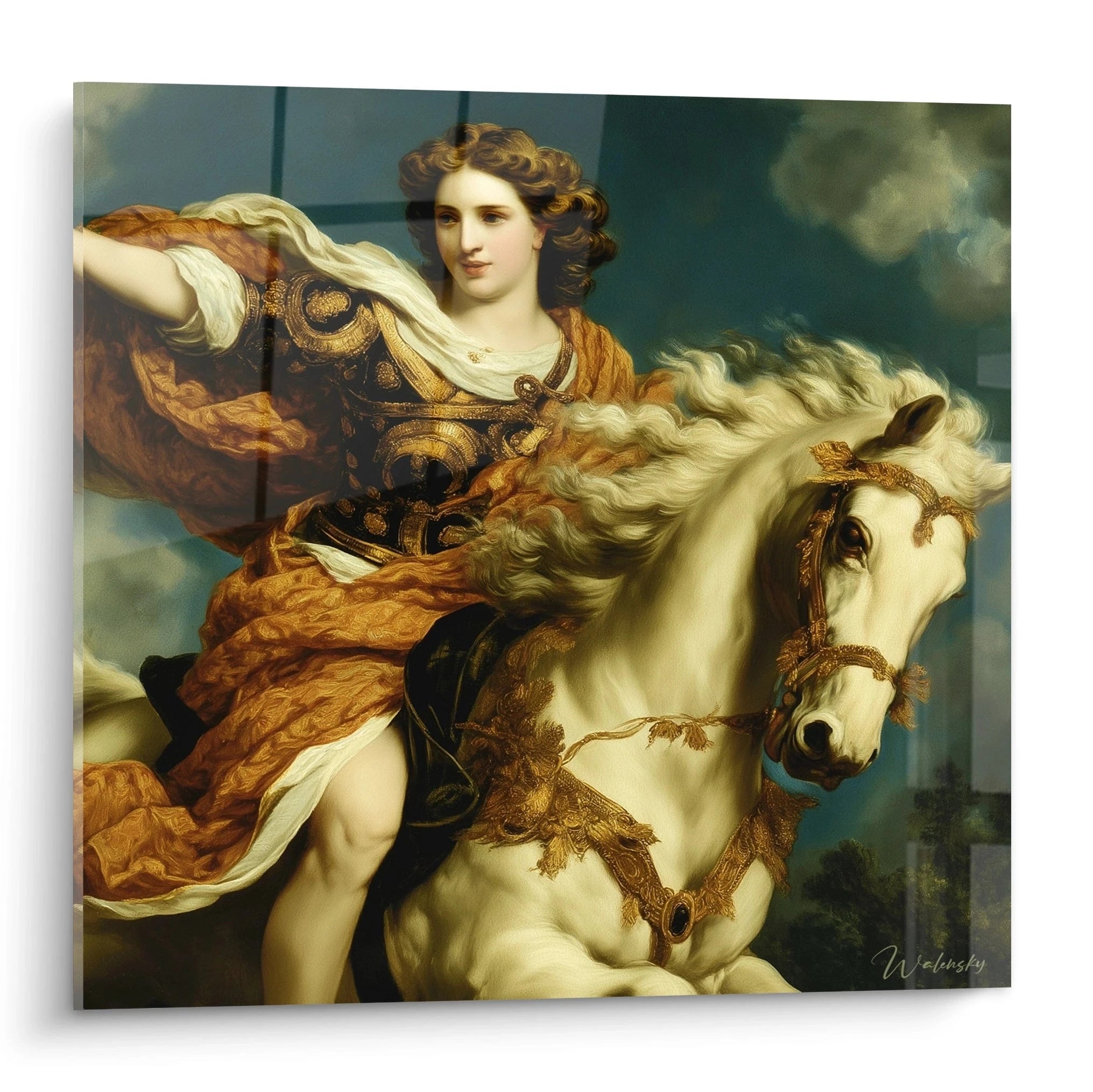 Tableau mural Walensky montrant une guerrière sur un cheval blanc style néoclassique tableau guerrière vertu héroïque